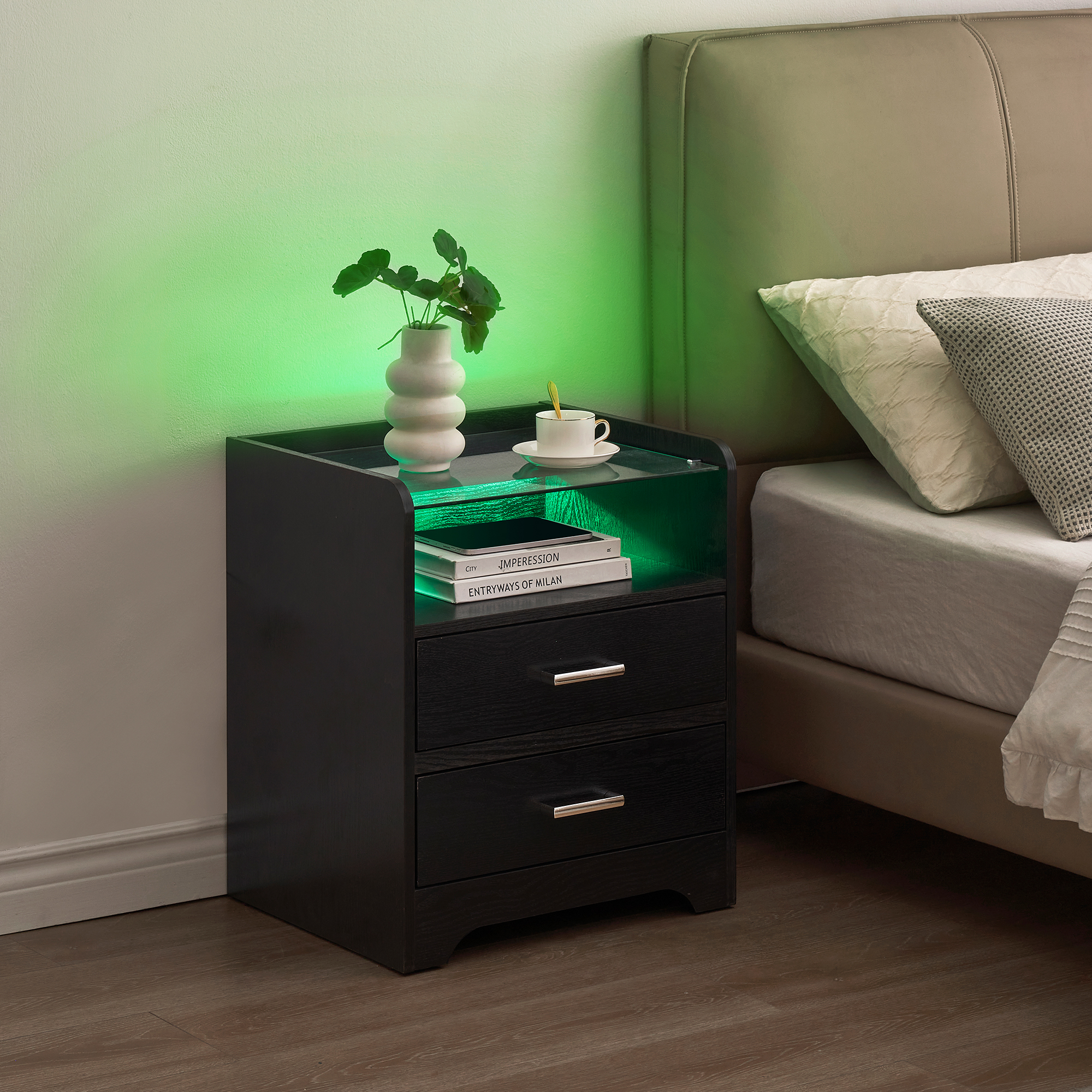 LED Nightstand With 2 Drawers, Modern Bedside Table With LED Light and Glass Top