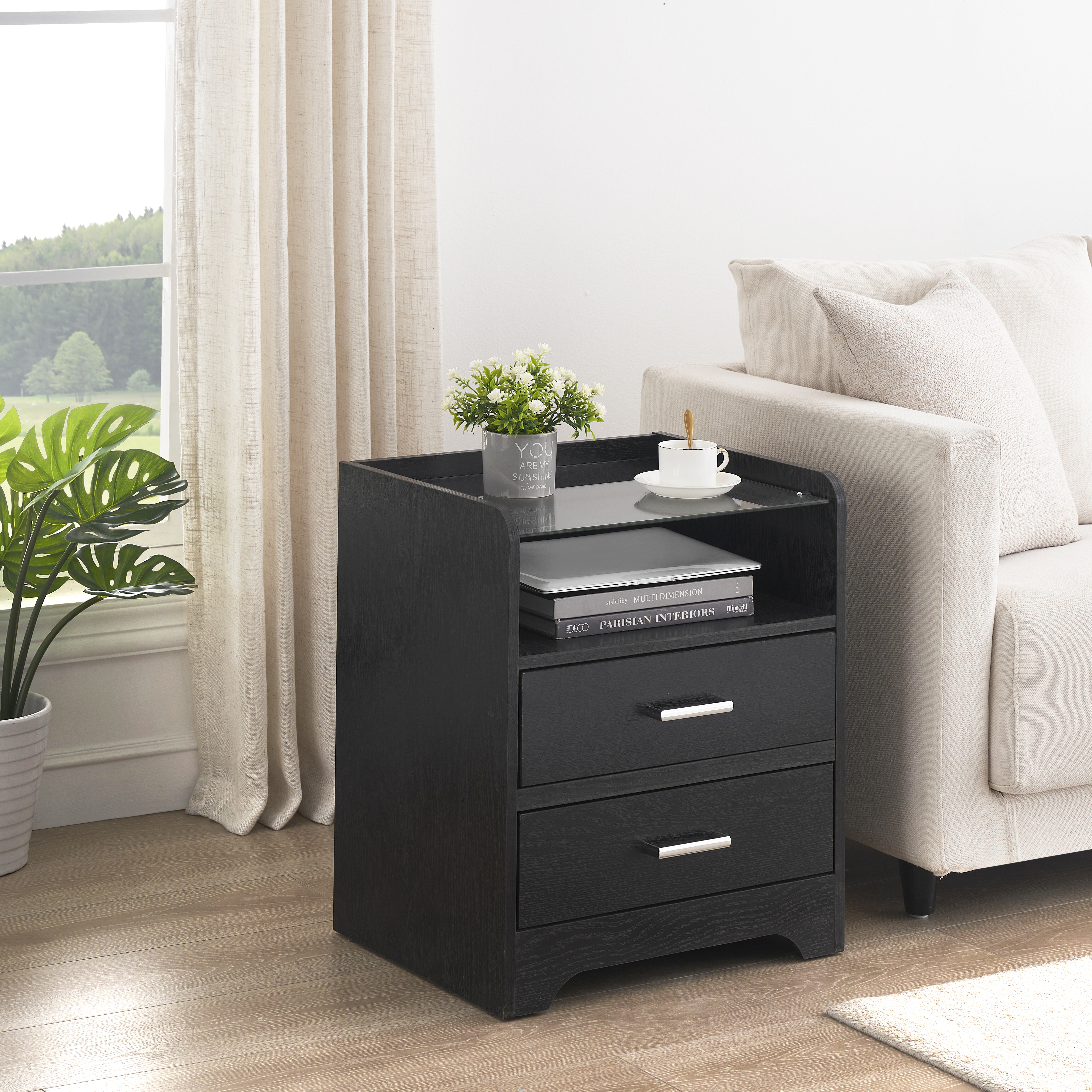 LED Nightstand With 2 Drawers, Modern Bedside Table With LED Light and Glass Top