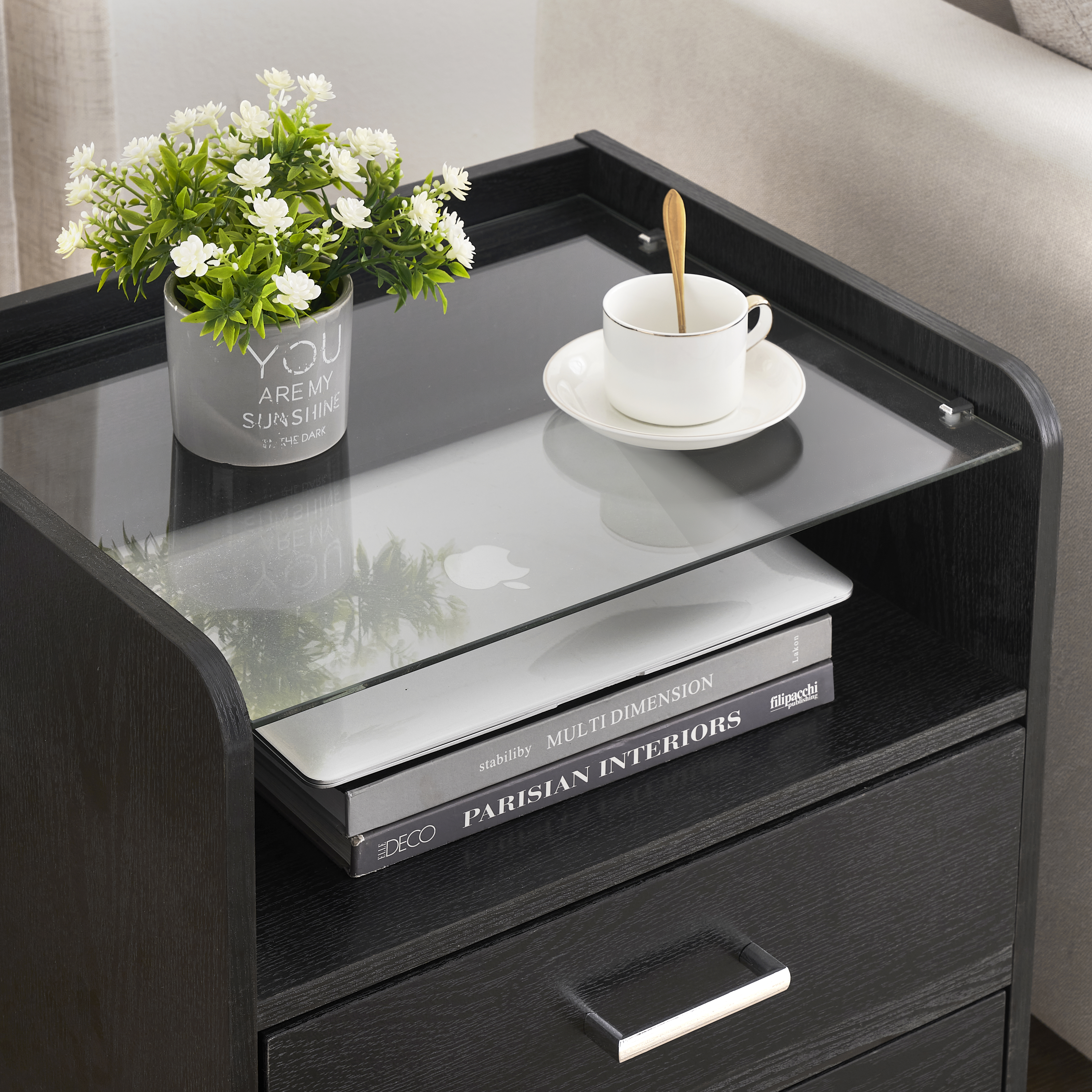 LED Nightstand With 2 Drawers, Modern Bedside Table With LED Light and Glass Top