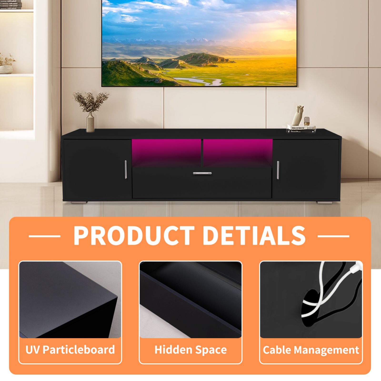 63 in TV Stand for 75 Inch TV Modern TV Cabinet Console Media Table w/ LED Light