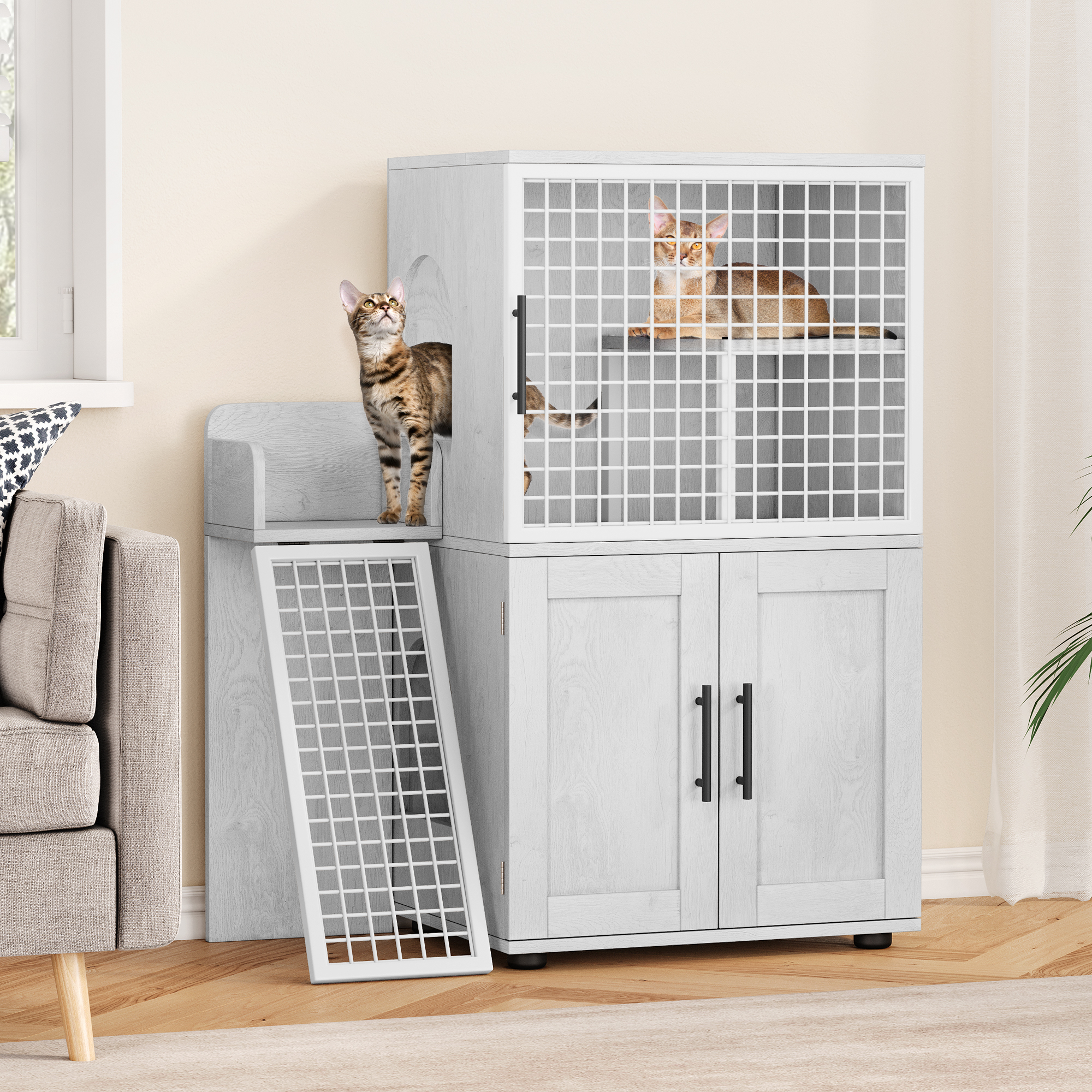 Cat Litter Box Enclosure with Platform Double Layer Cat Litter Hidden Furniture
