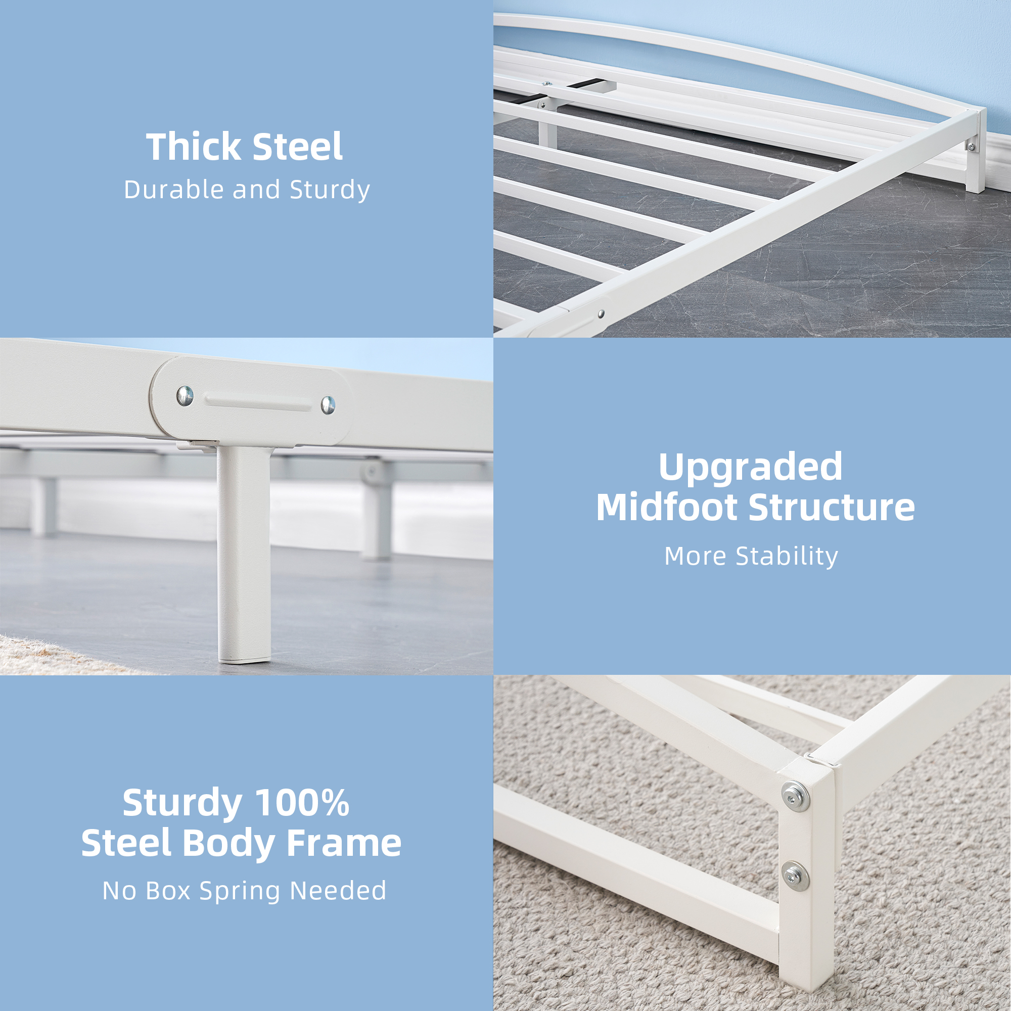 Black/White 6/10 Inch H Metal Bed Frame with Slat Support Mattress Foundation   