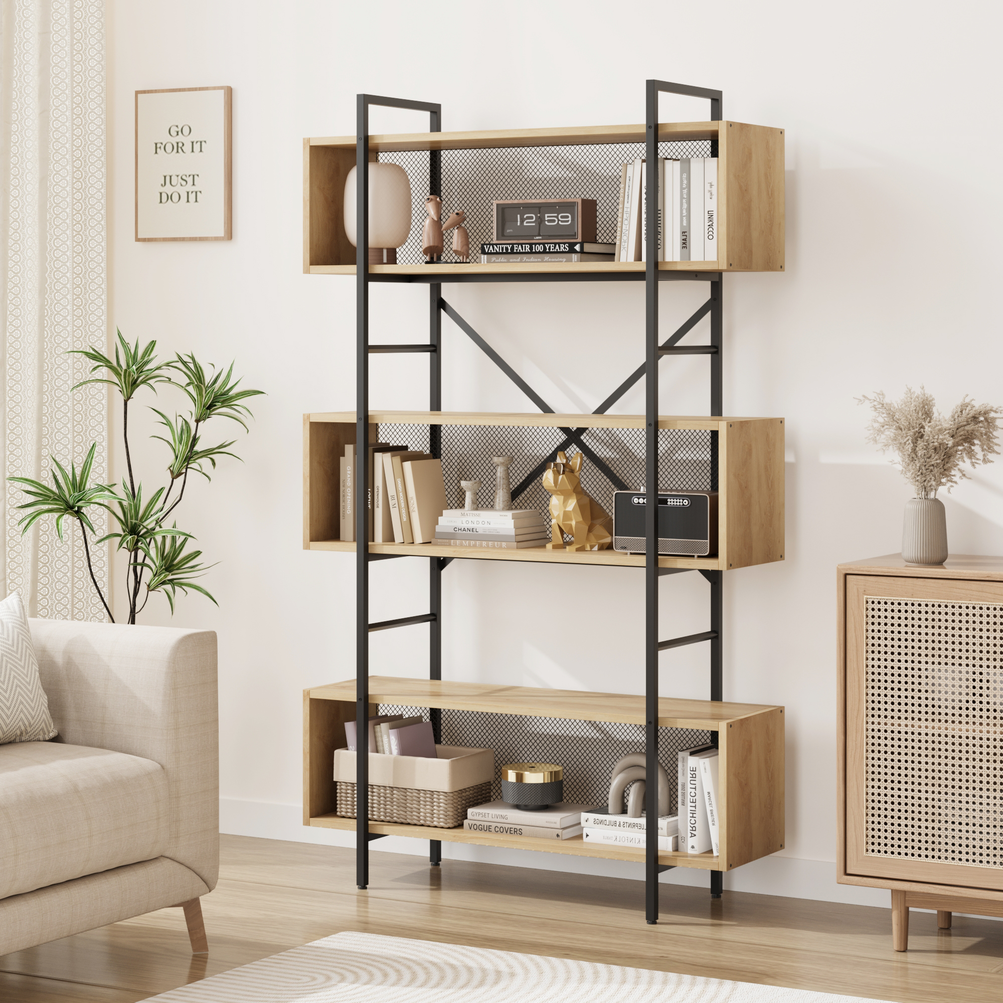 6 Shelf Bookcase with Metal Frame for Living Room Bedroom and Home Office USA