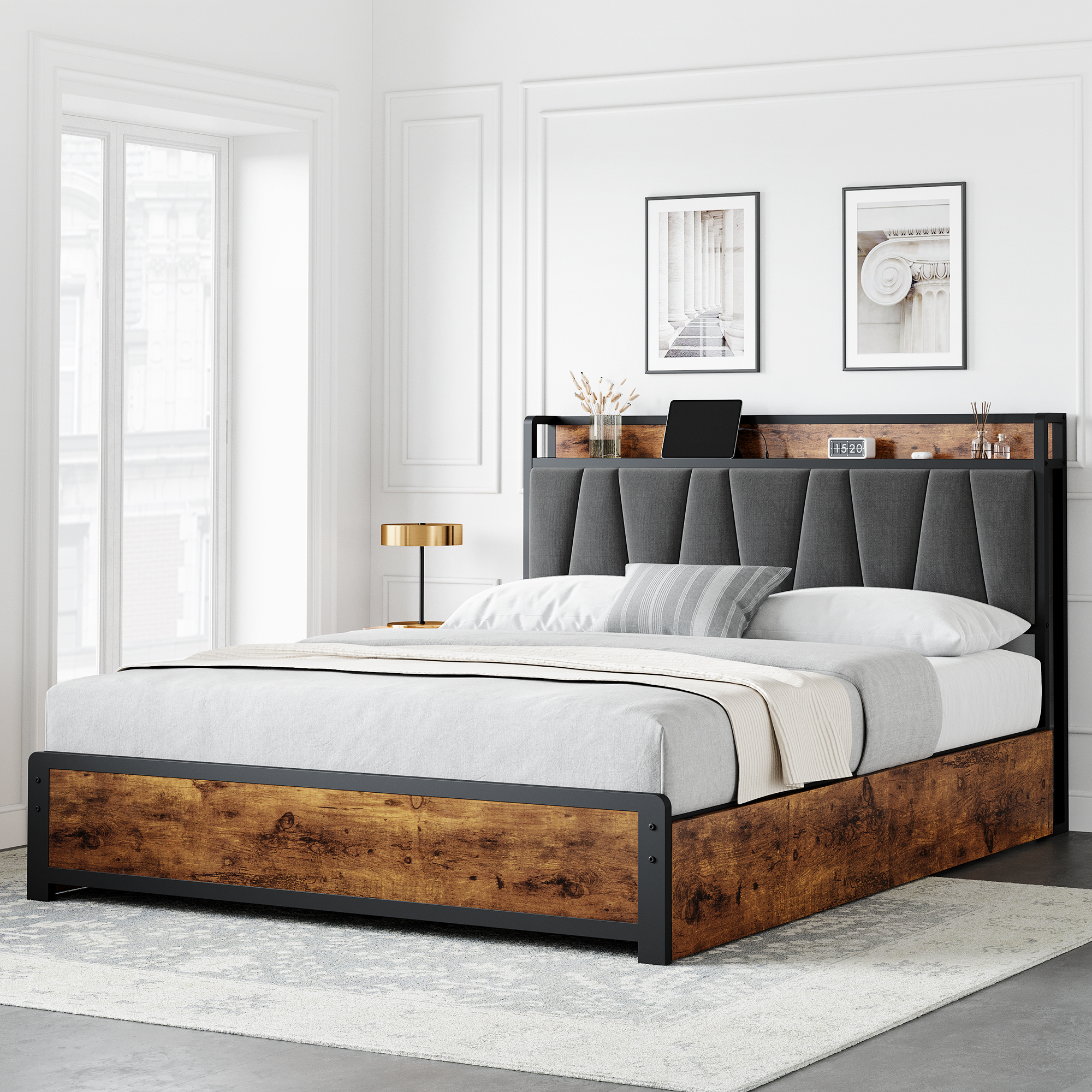 Full/Queen Size Bed Frame 4 Drawers Platform Bed Frame with Charging Station