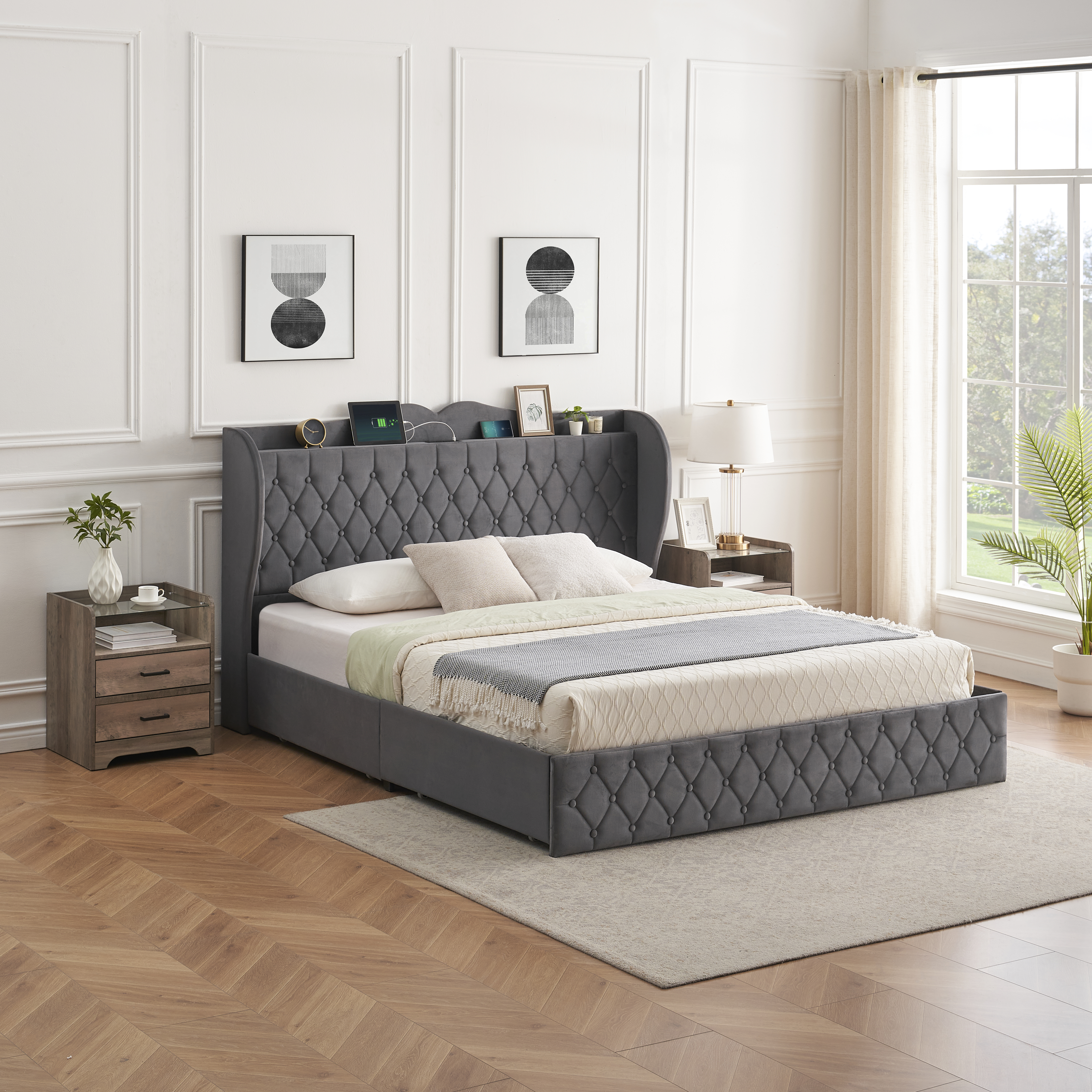 King Upholstered Platform Bed Frame with 4 Drawers and Adjustable Headboard