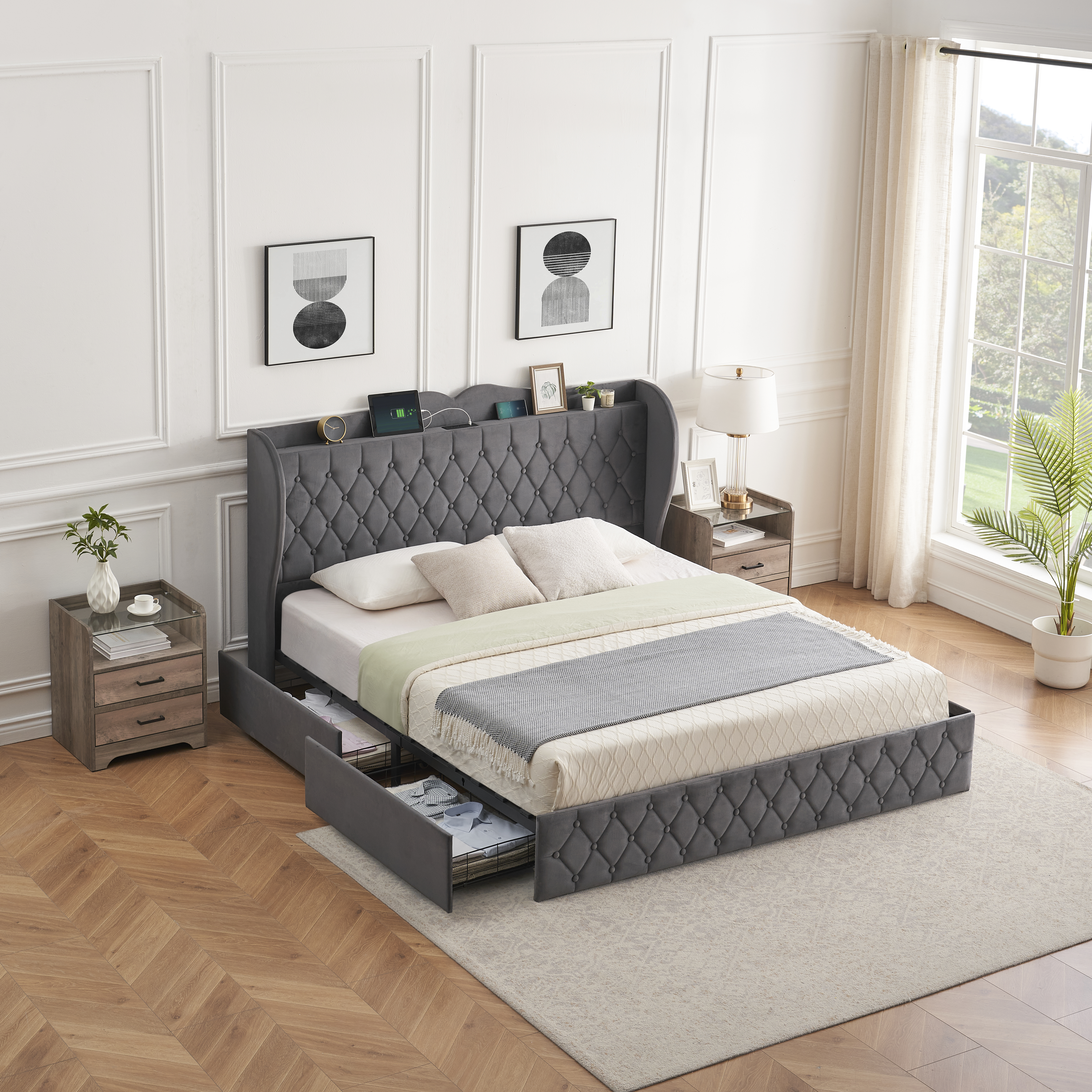 King Upholstered Platform Bed Frame with 4 Drawers and Adjustable Headboard