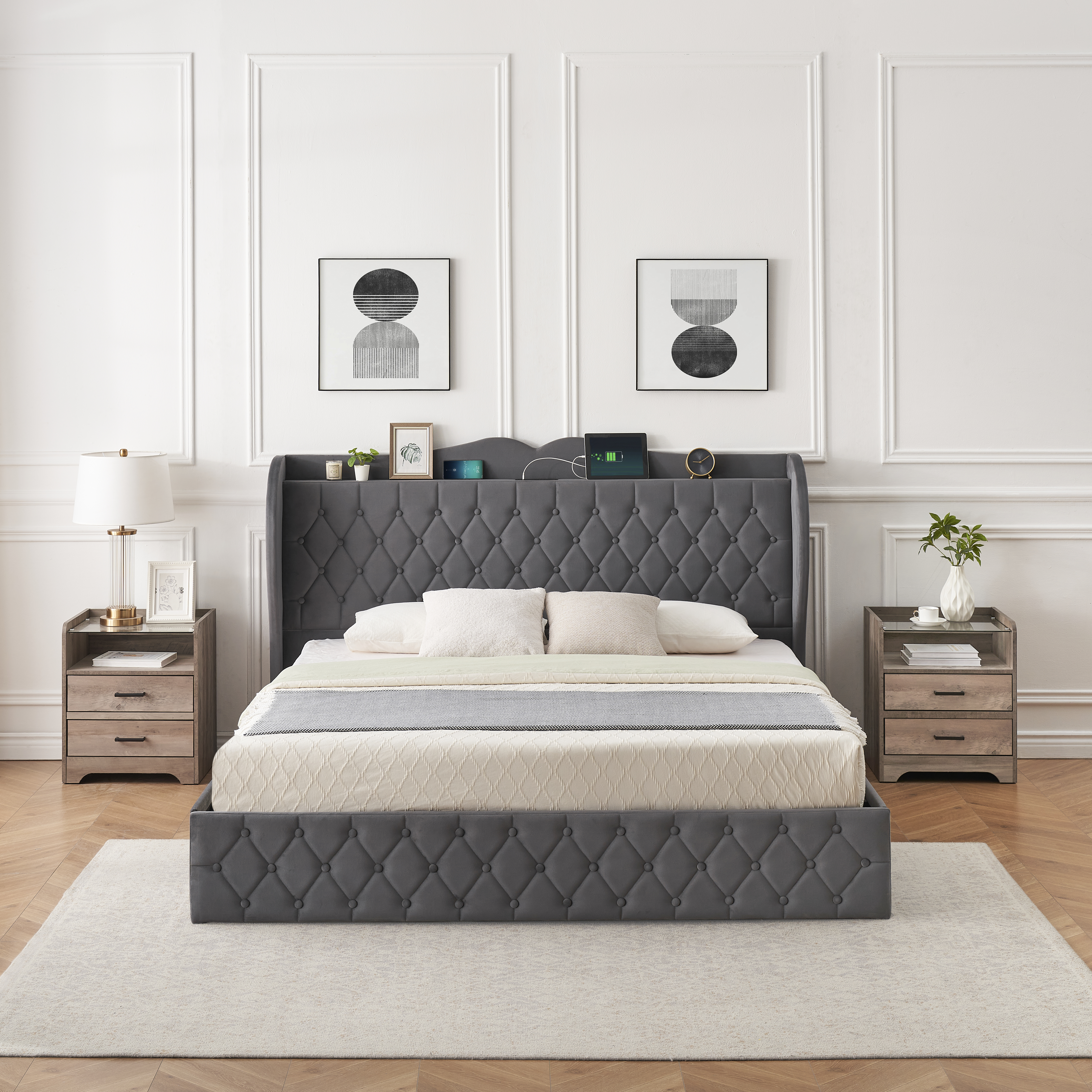 King Upholstered Platform Bed Frame with 4 Drawers and Adjustable Headboard