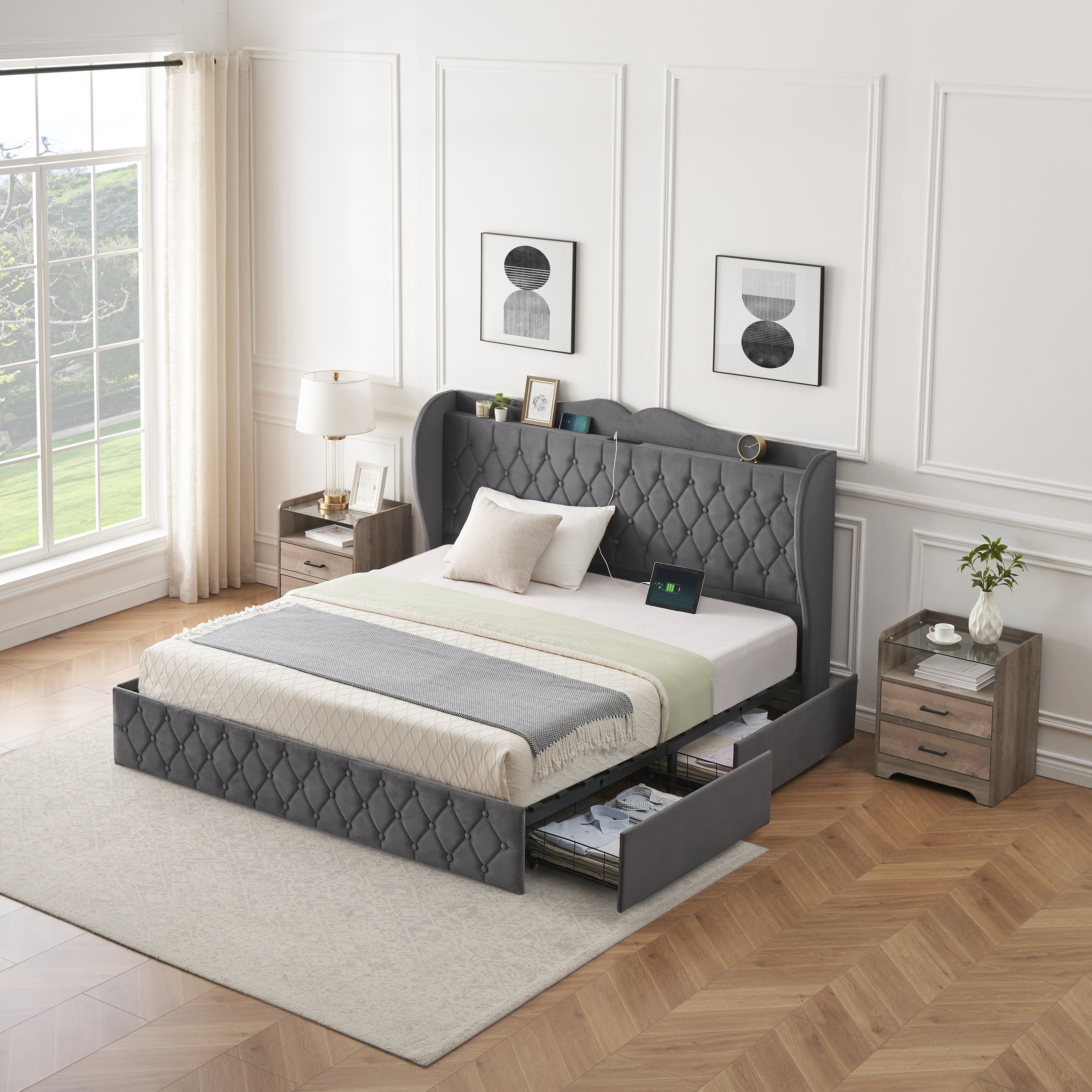 King Upholstered Platform Bed Frame with 4 Drawers and Adjustable Headboard