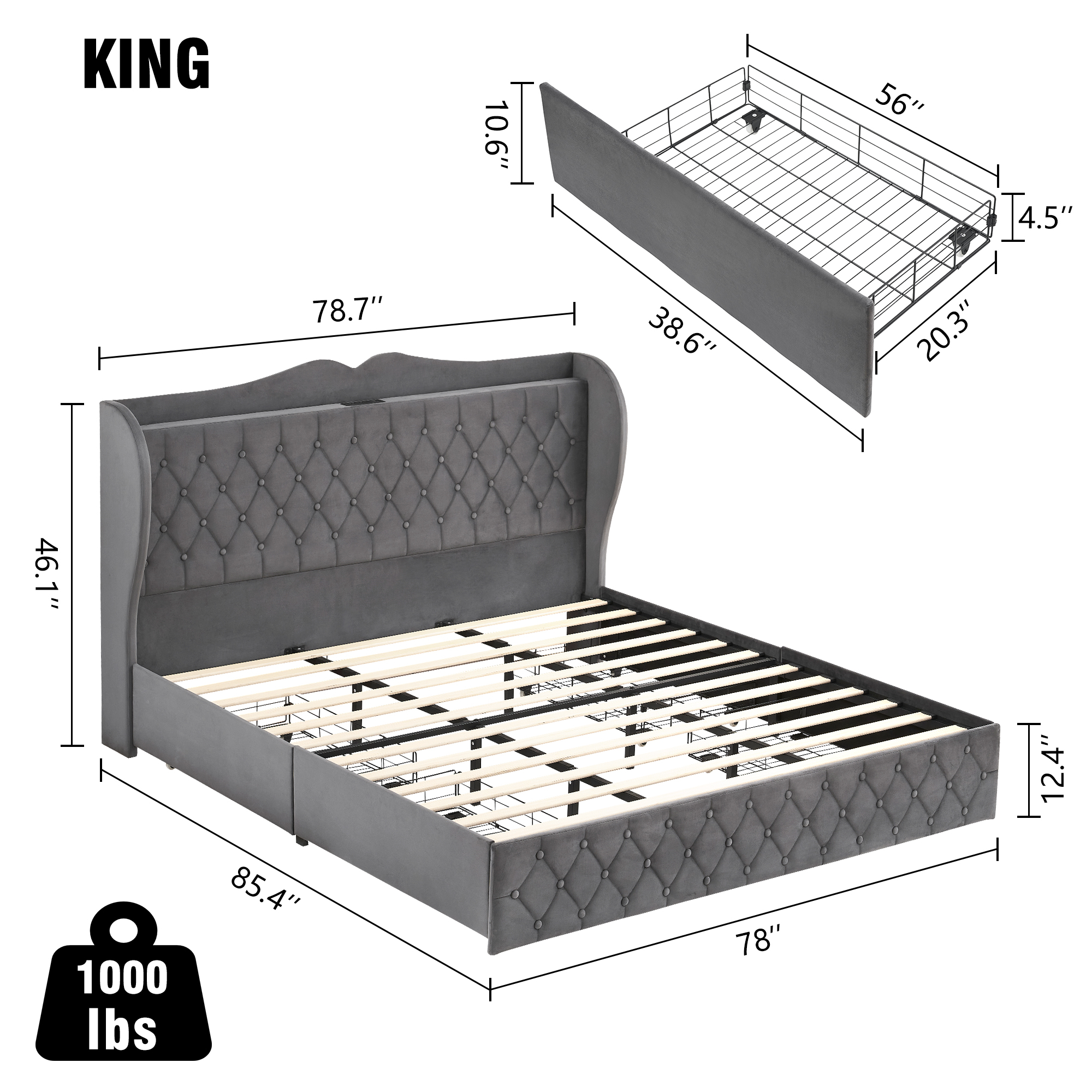 King Upholstered Platform Bed Frame with 4 Drawers and Adjustable Headboard