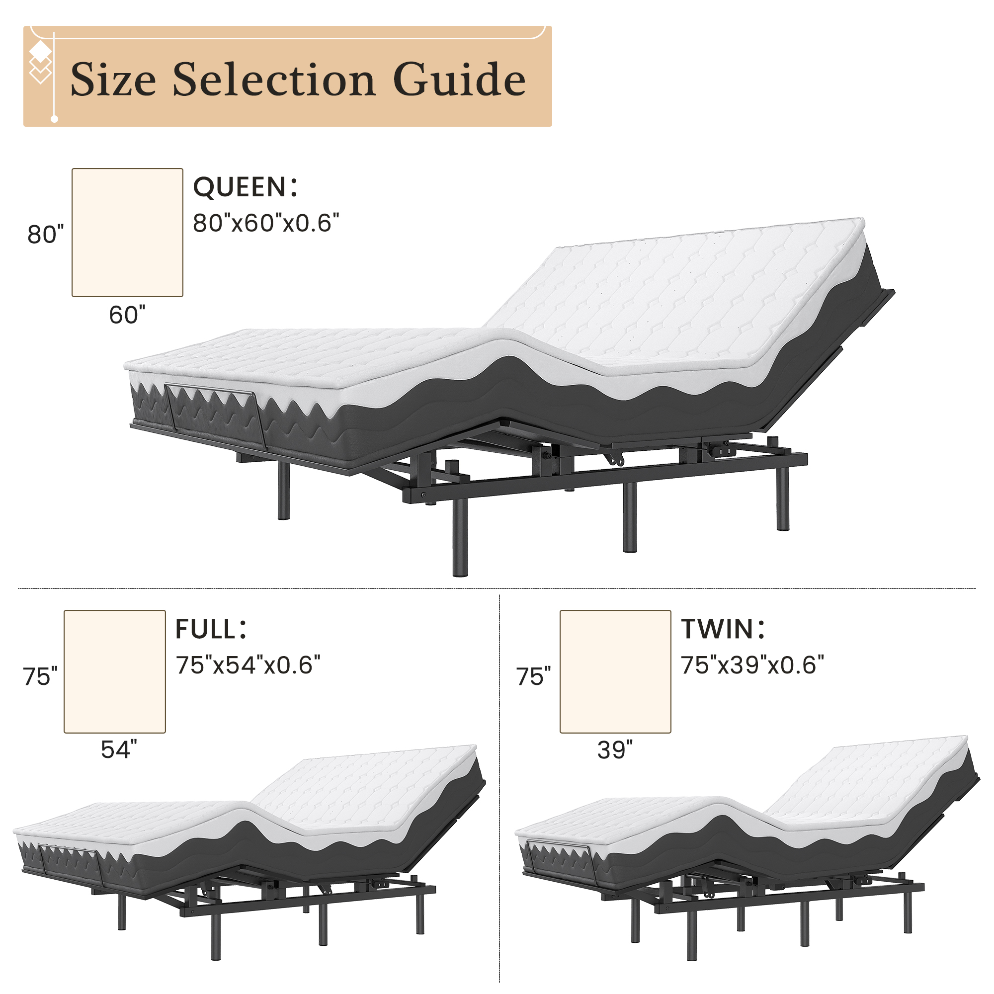 Twin/Full/Queen Size Electric Bed Base Adjustable With Wireless Remote Control