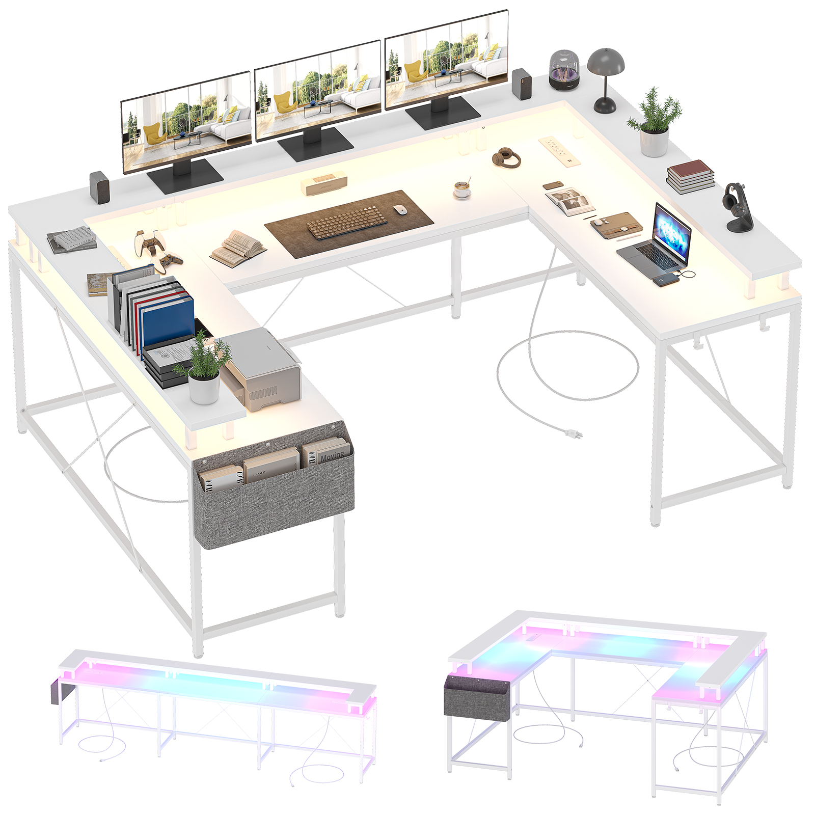 126in U Shaped Computer Gaming Desk, Reversible L Shaped Desk With Storage Shelf - Picture 29 of 29