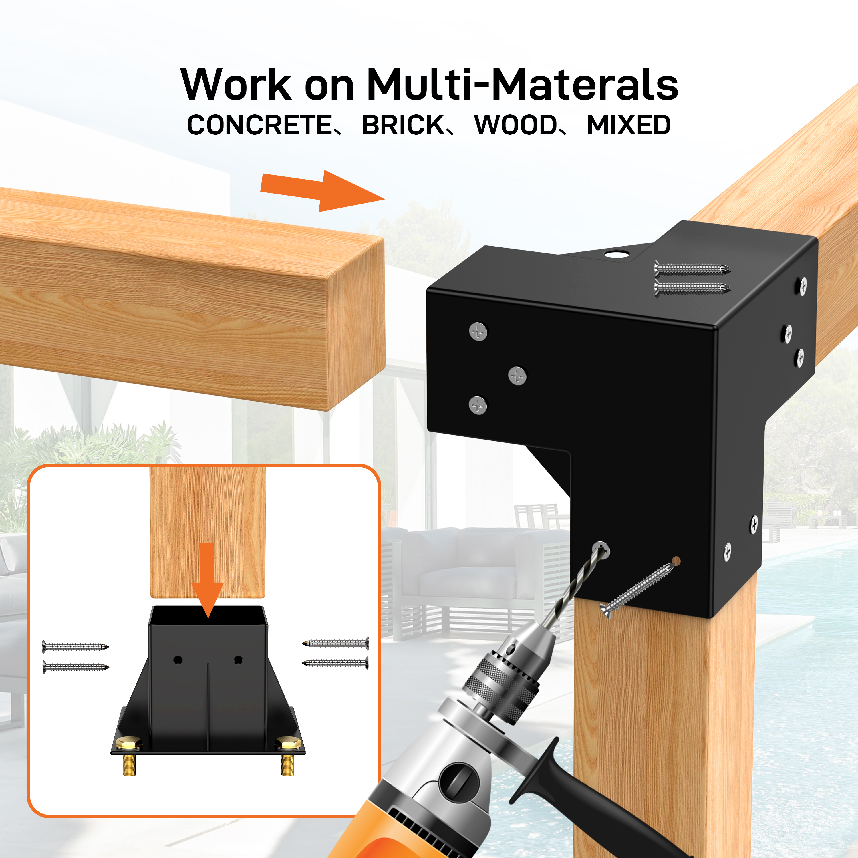 Pergola Brackets Kit 4x4(Actual: 3.5''x3.5'') 3-Way with Hardware for Gazebos - Picture 9 of 11
