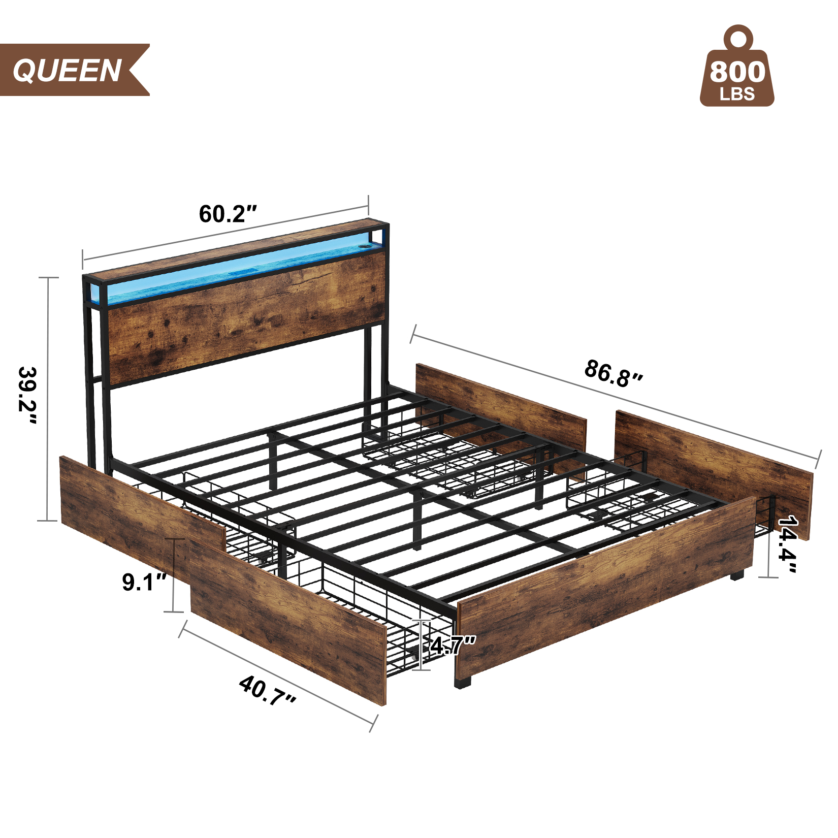 Bed Frame Full Queen Size Platform LED Headboard with Drawers & Charging Station