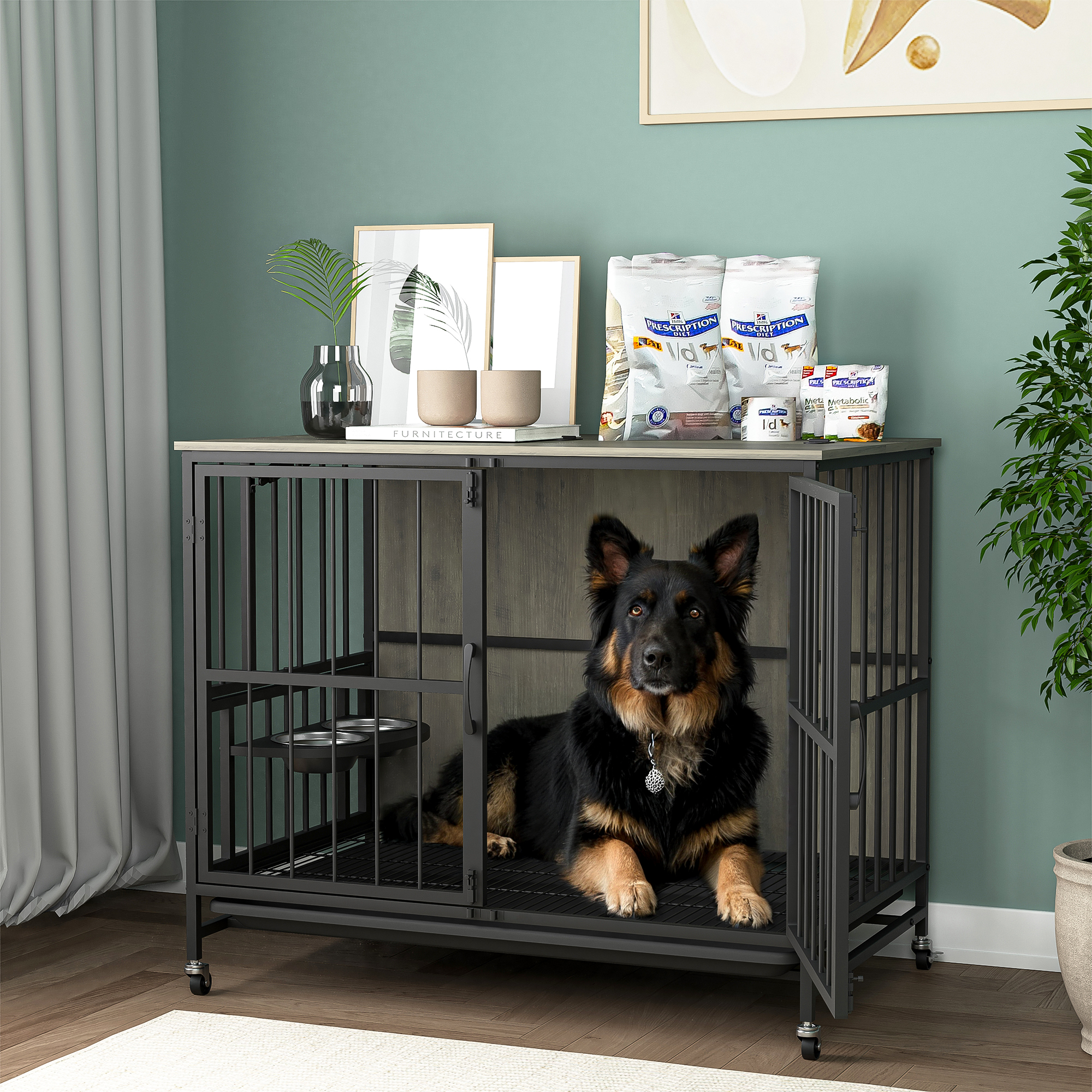 Heavy Duty Dog Crate Metal Pet Cage Kennel with Lockable 4 Wheels Double Door - Picture 20 of 22
