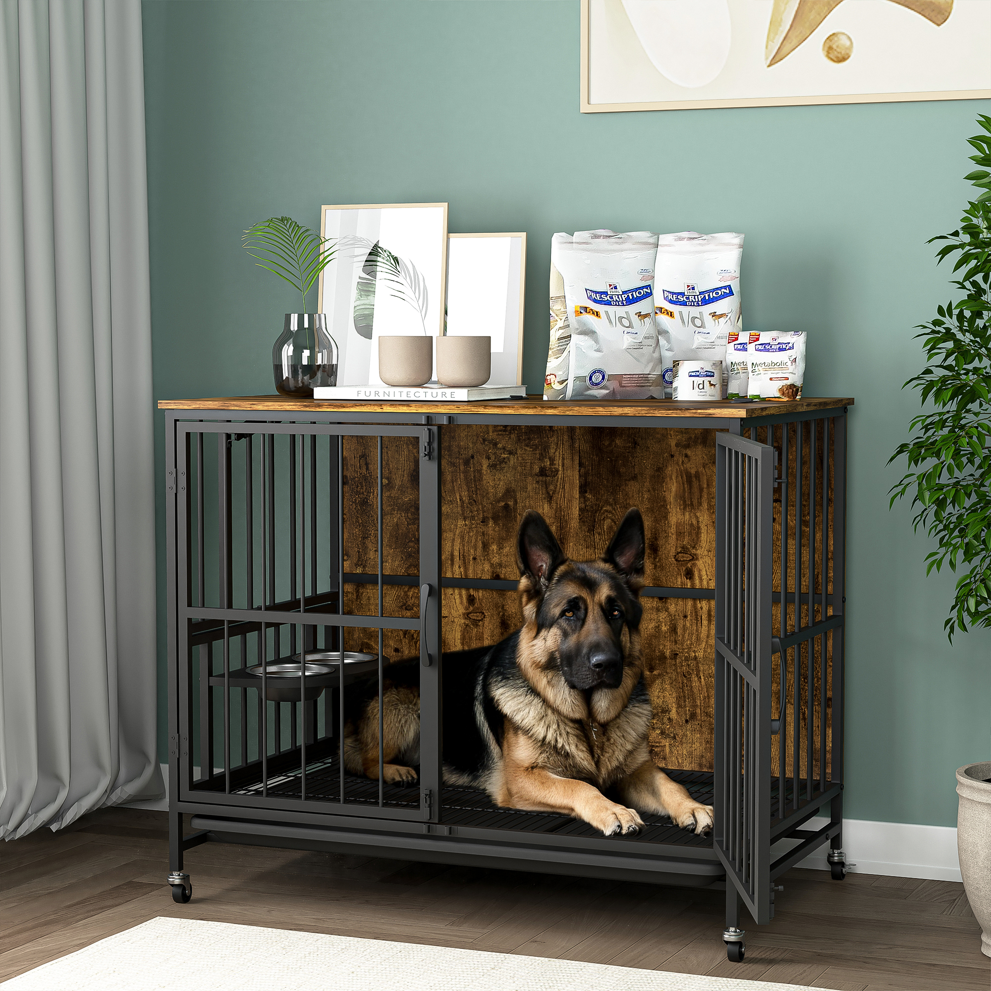 Heavy Duty Dog Crate Metal Pet Cage Kennel with Lockable 4 Wheels Double Door - Picture 22 of 22