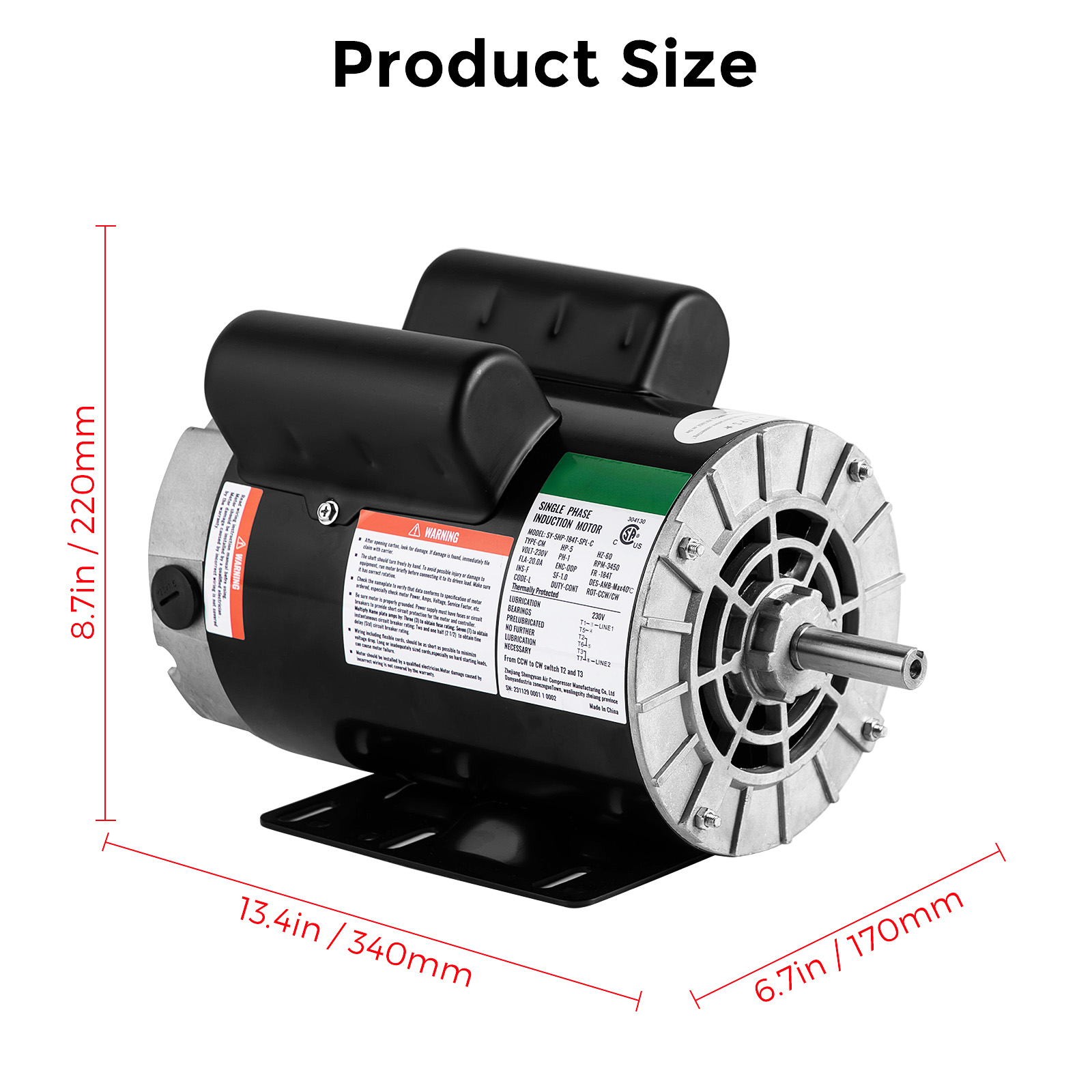 Air Compressor 2/5/7.5 HP Electric Motor 3450RPM 230V 56Frame Shaft CW/CCW