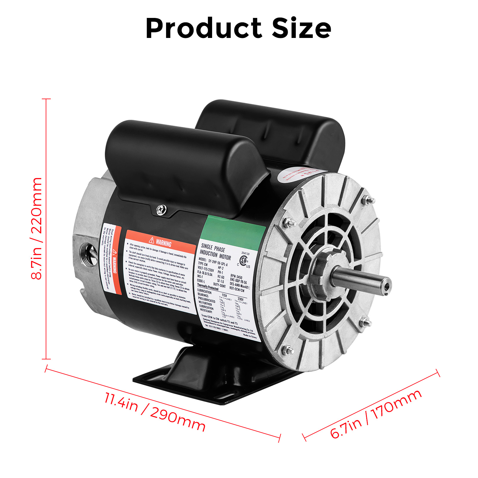 Air Compressor 2/5/7.5 HP Electric Motor 3450RPM 230V 56Frame Shaft CW/CCW