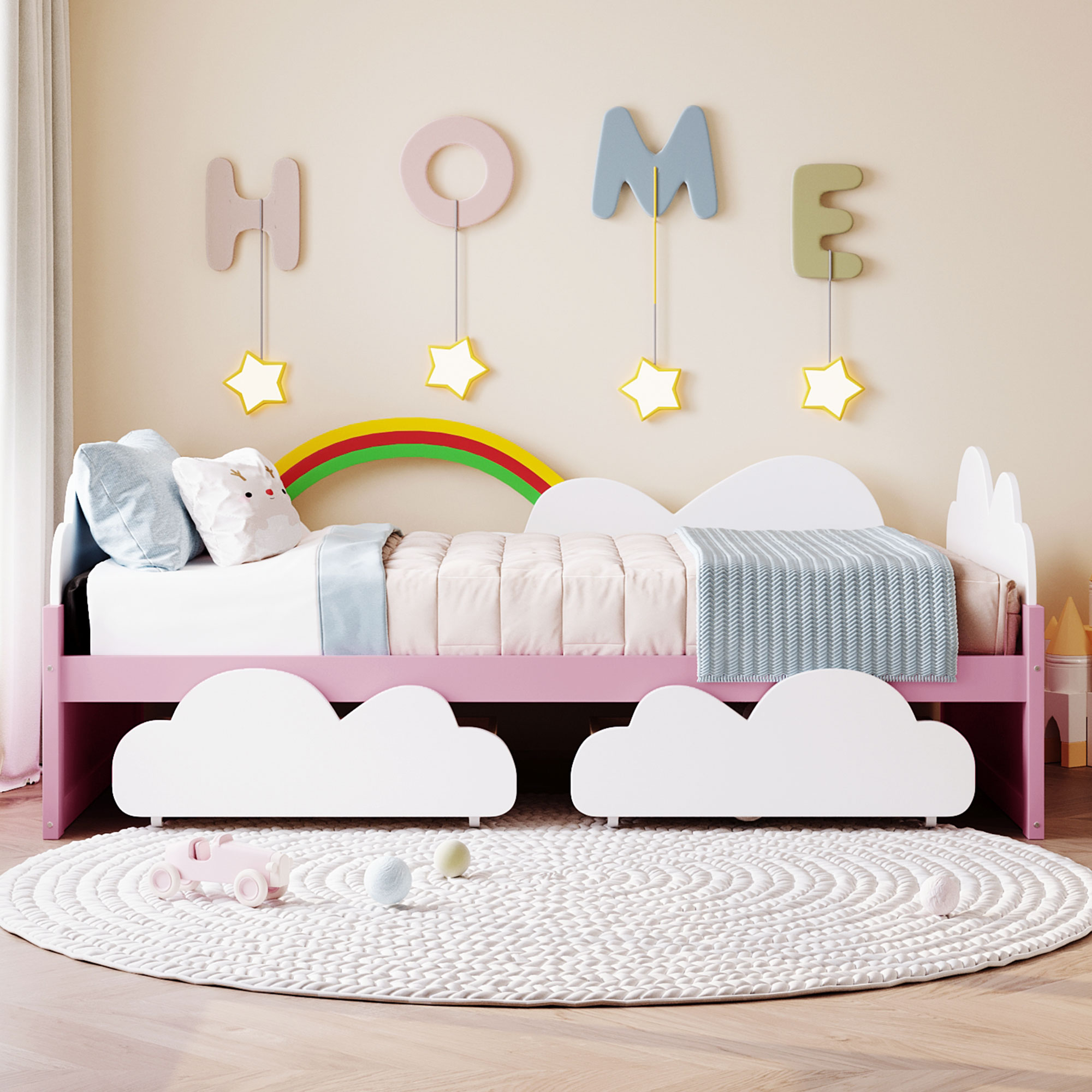 Kids Cartoon Bed Frame 2 Drawers Twin Platform Bed With Clouds Sunflower Decor