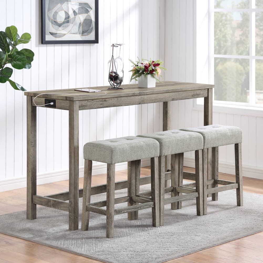 4 Piece Bar Table Set w/ Power Outlet, Bar Table & 3 Padded Stools For Kitchen