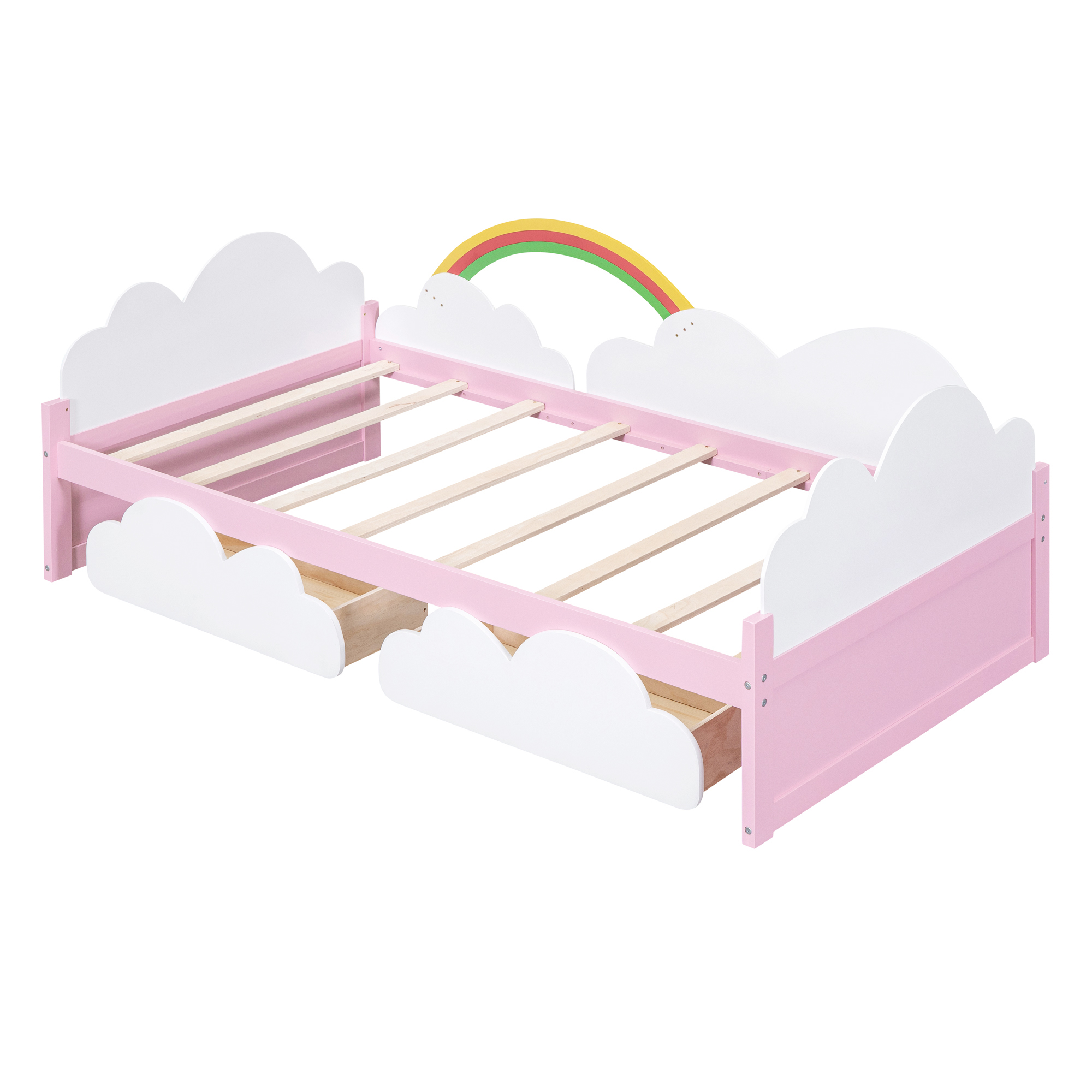 Kids Bed Frame Platform Twin Size With 2 Drawers,Clouds Sunflower Decor US