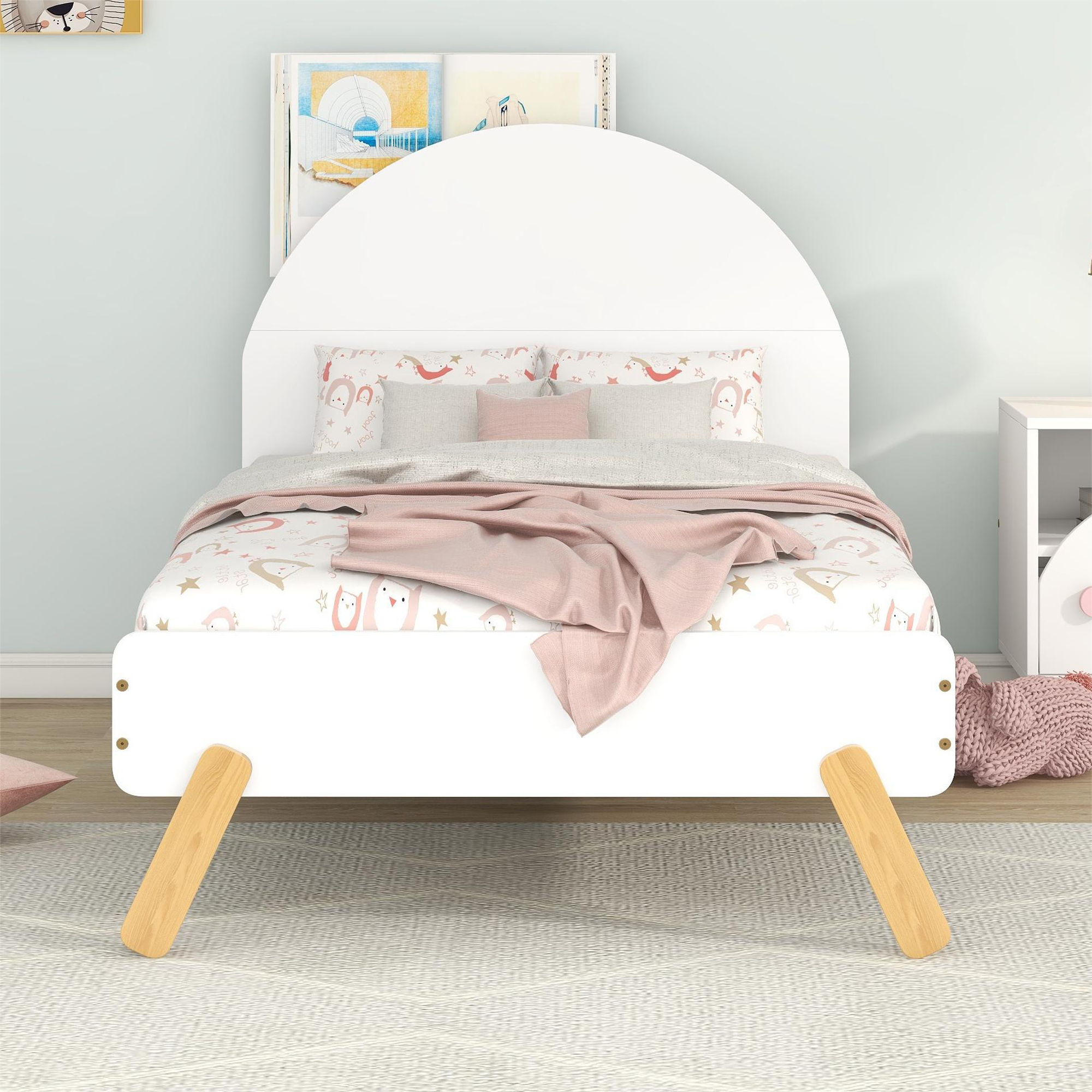Wooden Platform Bed With Unicorn Shape Headboard Kids Twin Size Bed Pink White