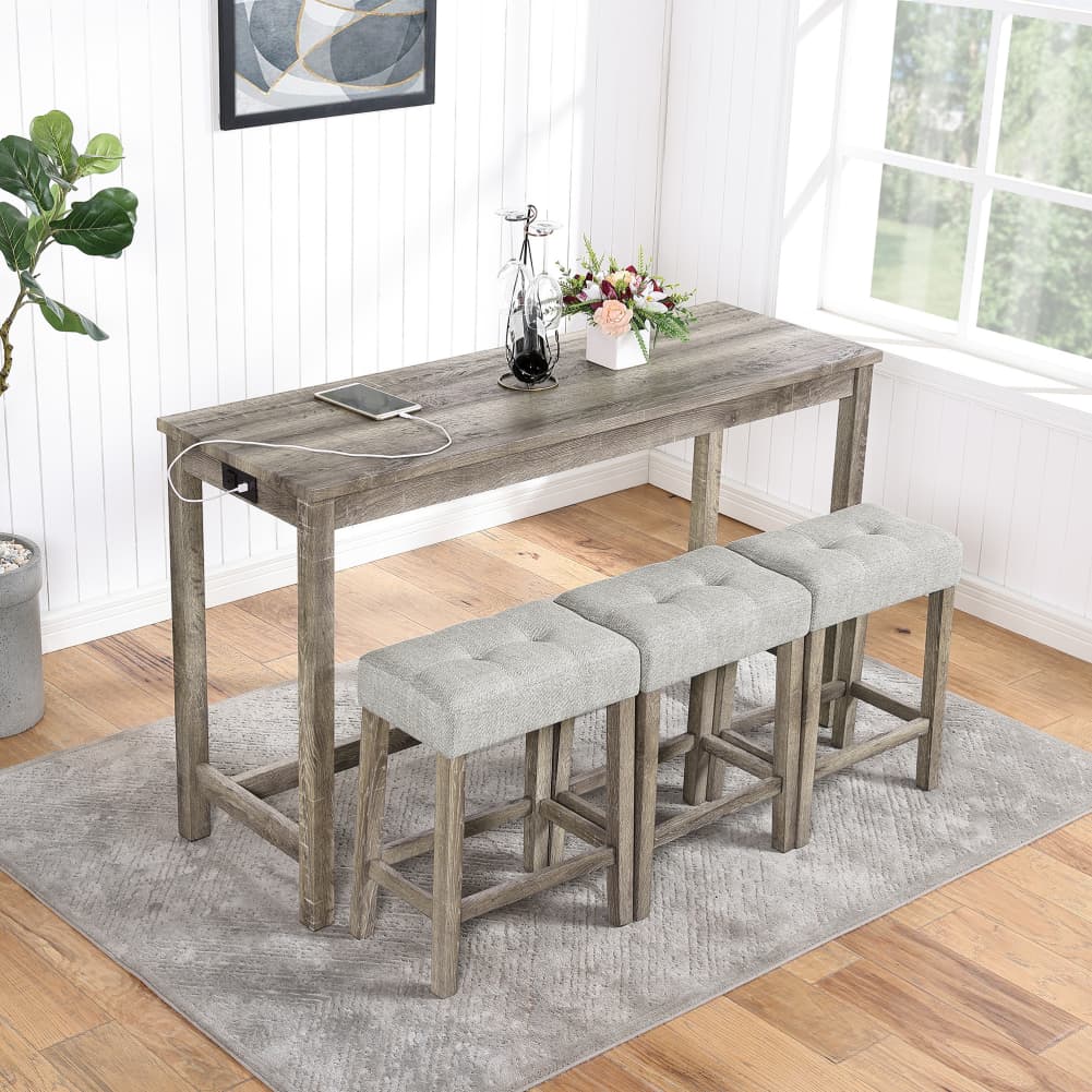 4 Piece Bar Table Set w/ Power Outlet, Bar Table & 3 Padded Stools For Kitchen