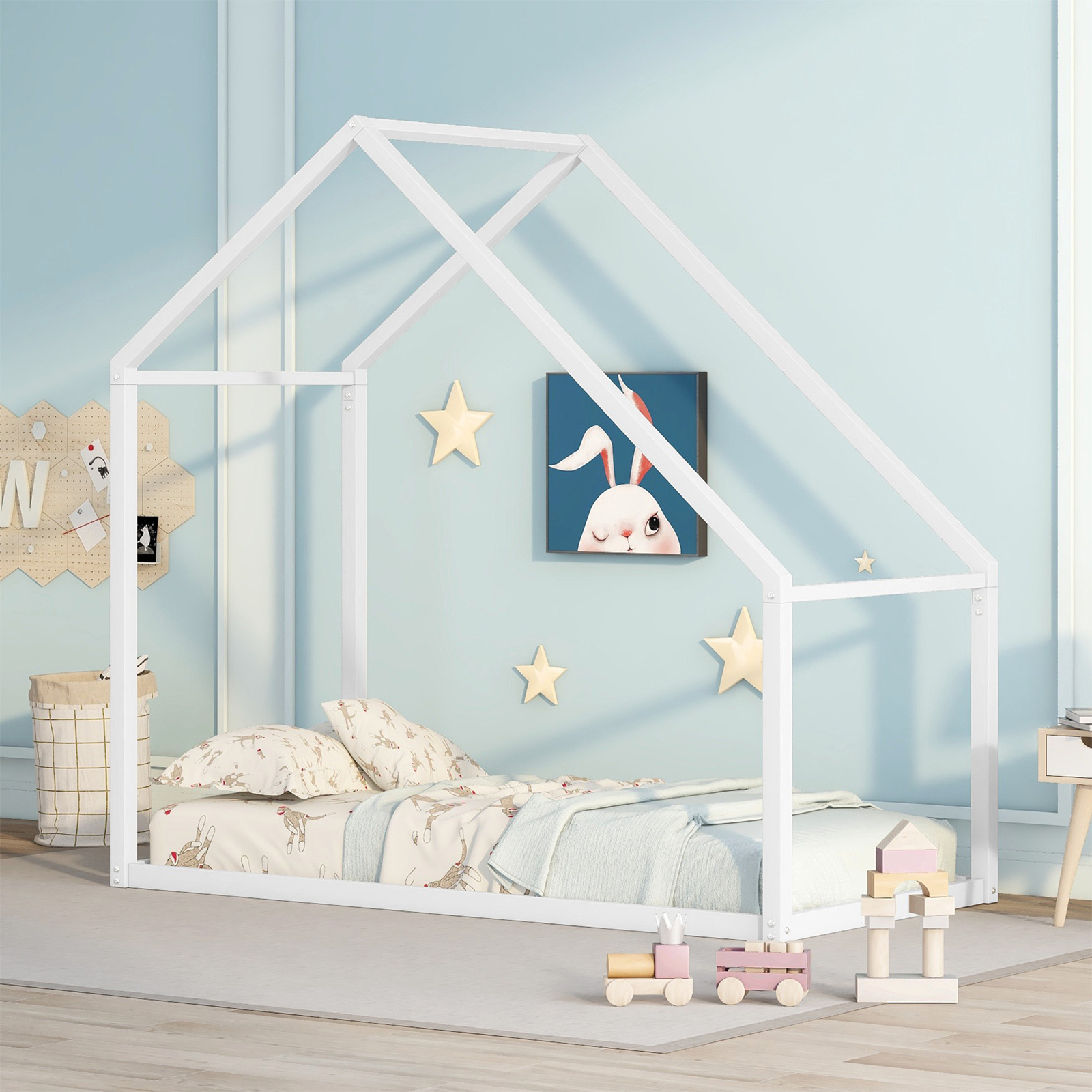 Kids Metal House Bed Frame Anti-Slip Noise Free Twin Size For Boys Girls Teens