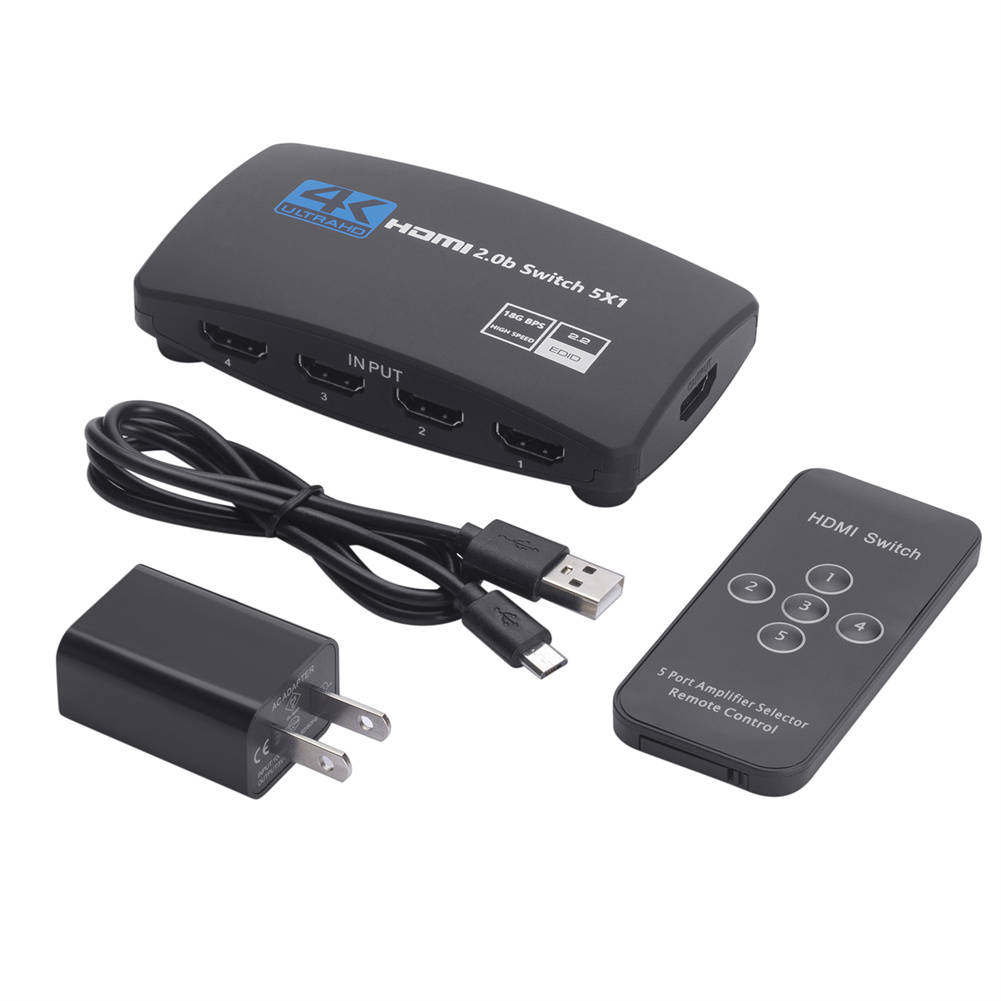 - 5 入力 1 出力 2.0 スイッチ: 5 ポート HDMI 互換スイッチ ボックスにより、5 つの HDMI 互換ソース デバイスを 1 台の HDTV/HD モニターまたはプロジェクターに接続
