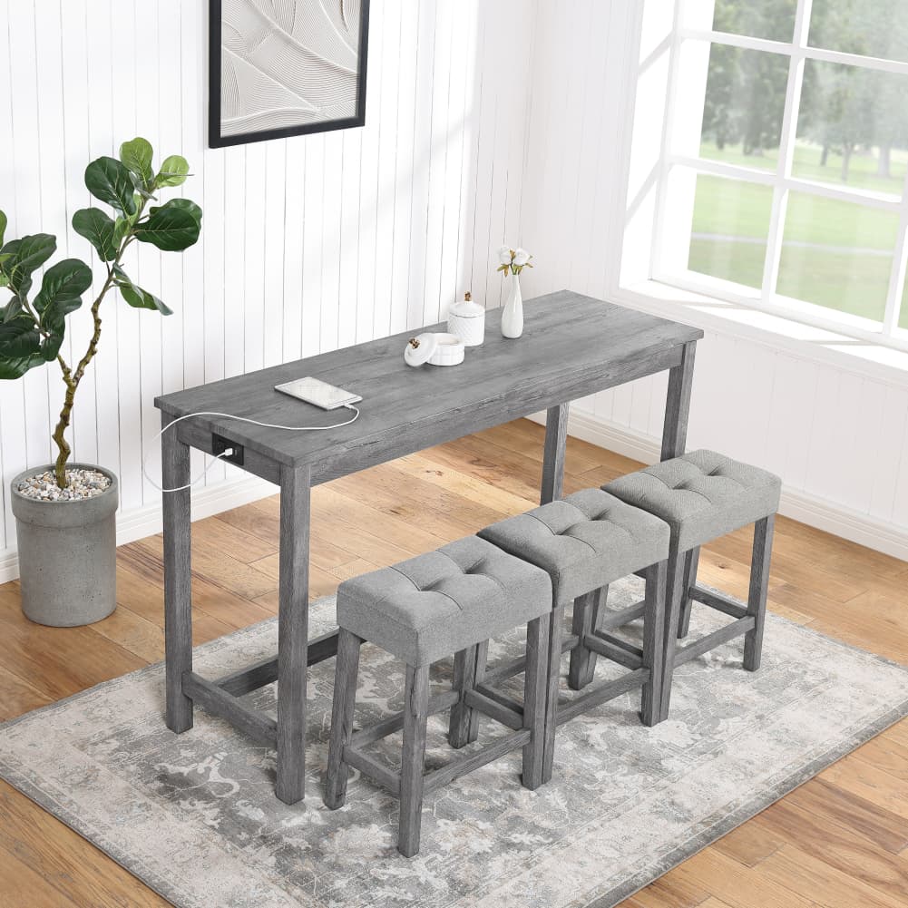 4 Piece Bar Table Set w/ Power Outlet, Bar Table & 3 Padded Stools For Kitchen