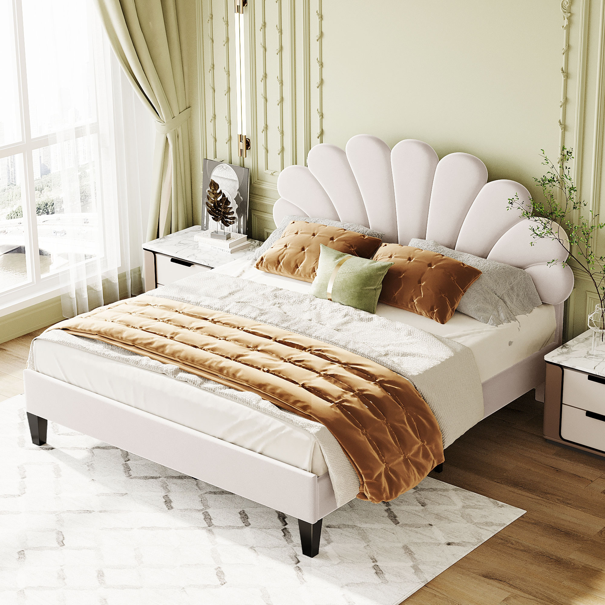 Queen Size Upholstered Platform Bed Frame with Flower Pattern Velvet Headboard