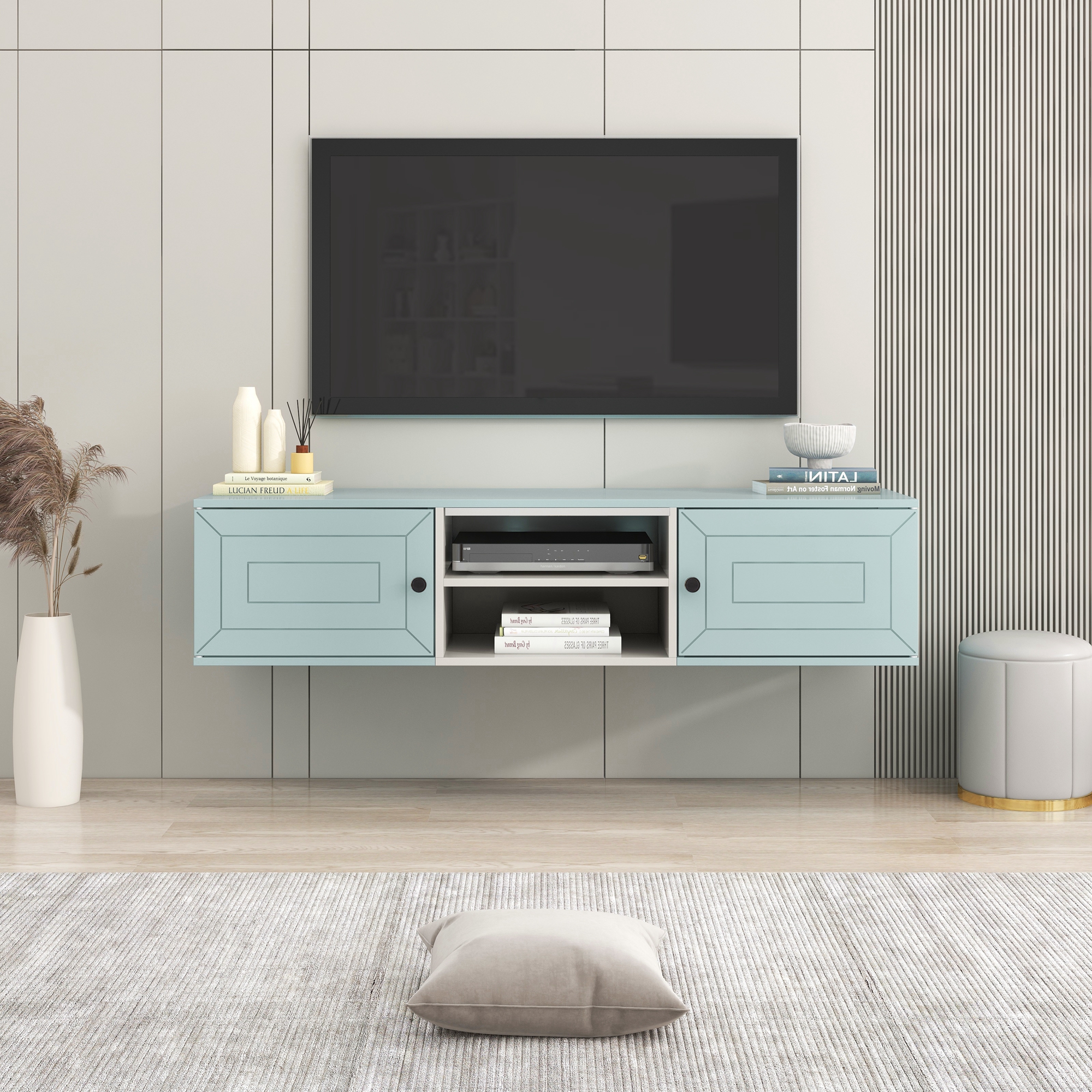 For 65" TV Floating TV Stand Wall Mounted Entertainment Center w/2 Cabinet Doors