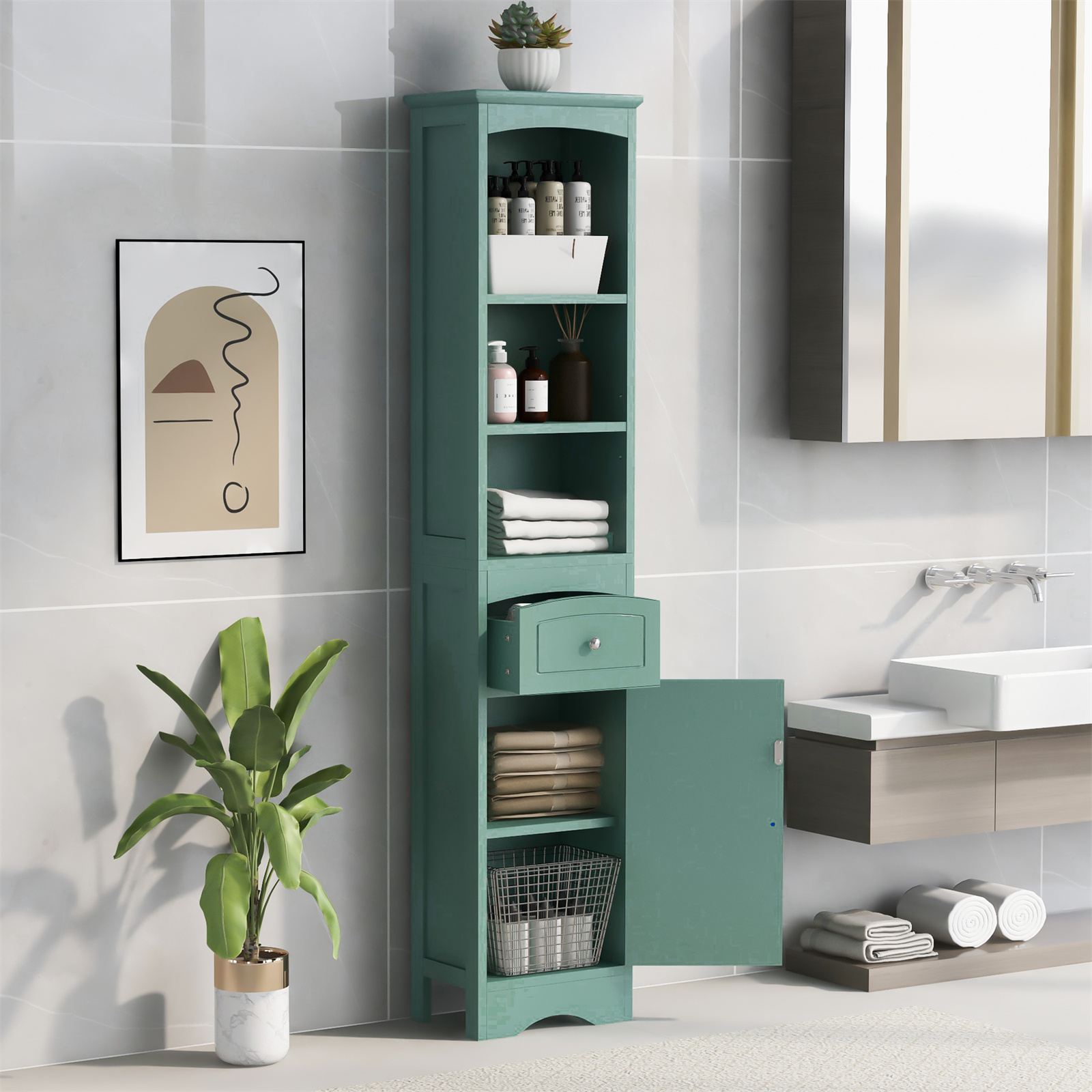 Tall Slim Bathroom Freestanding Storage Cabinet Tower Rack w/ Adjustable Shelves