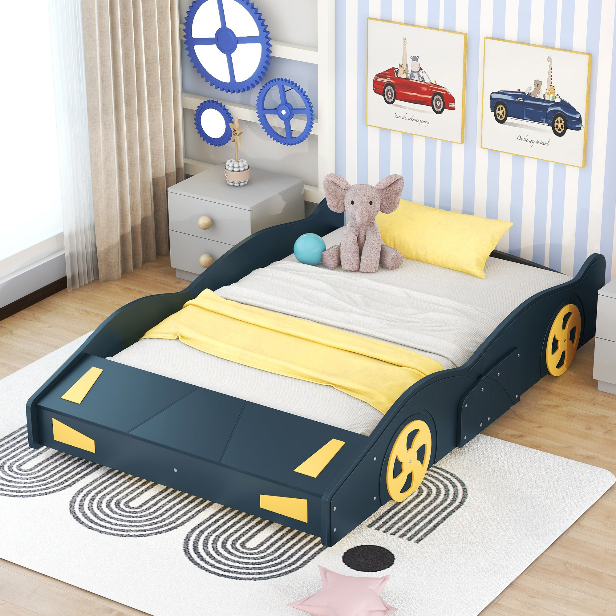 Full Size Platform Bed, Solid Wood Race Car-Shaped Bed Frame With Wheels