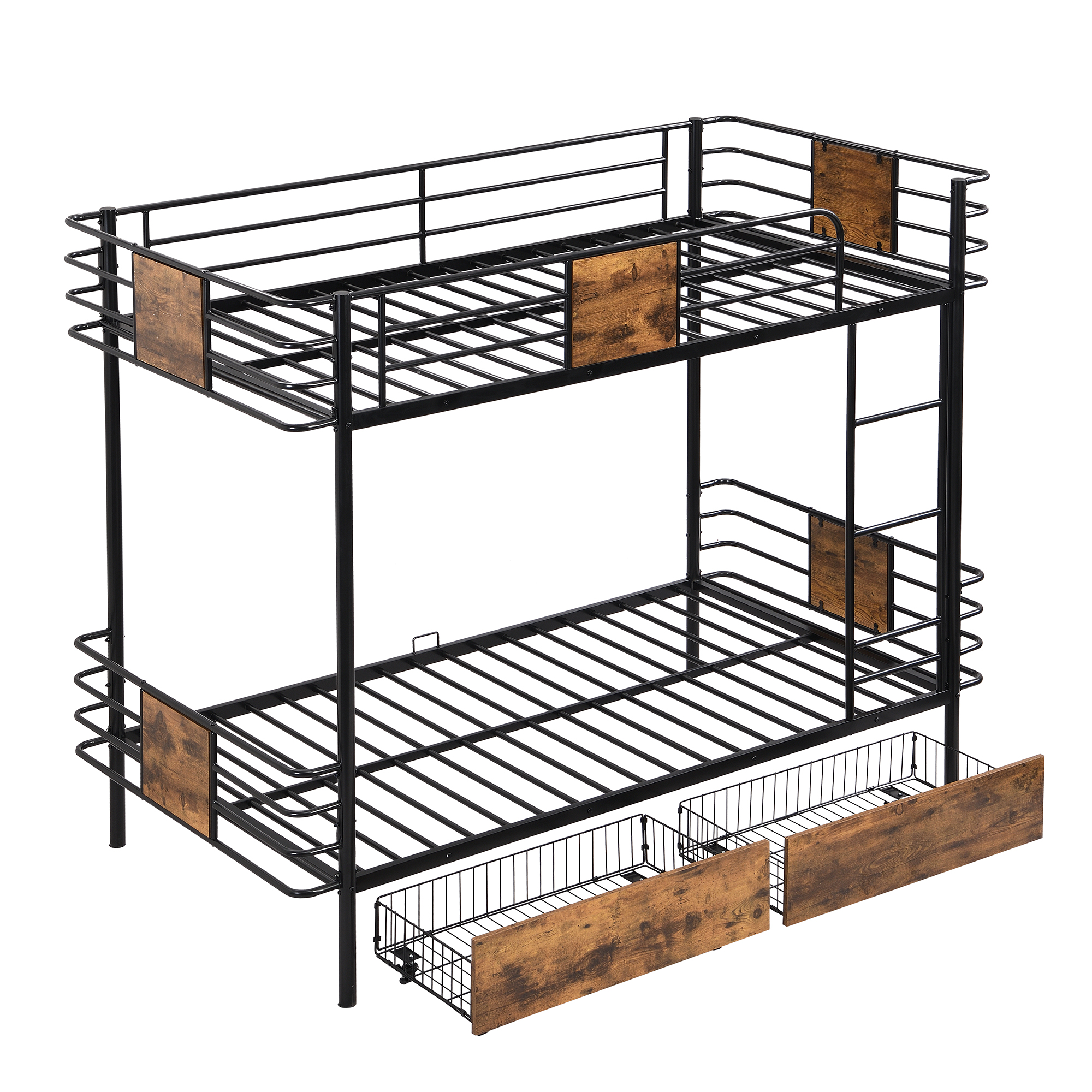 Twin XL Over Twin XL Bunk Beds with 2 Storage Drawers Heavy Duty Metal Bed Frame