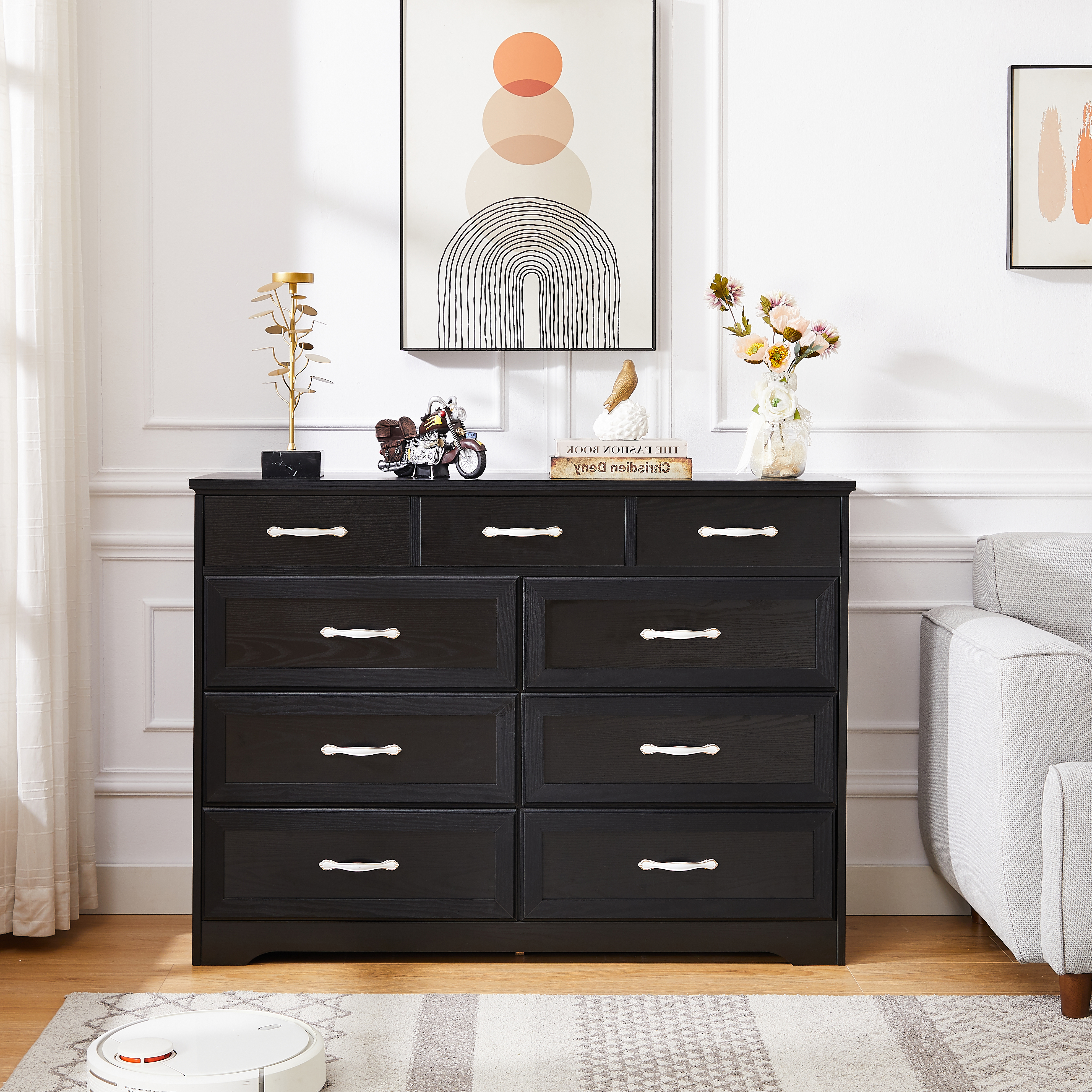 Wide Dresser For Bedroom TV Stand Entertainment Center With 9 Drawers For Living