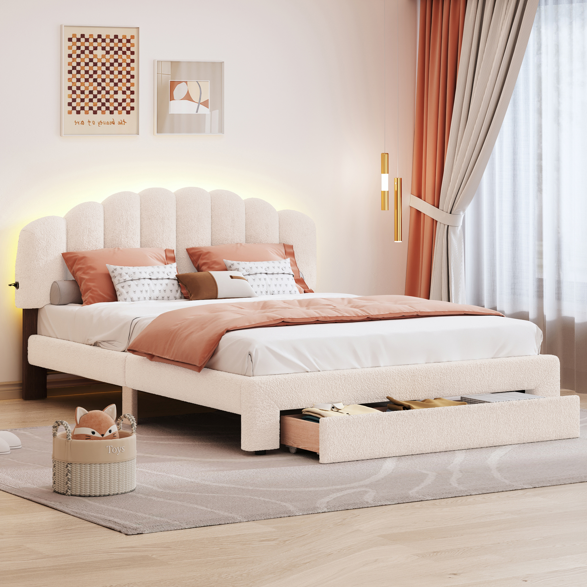 Queen Upholstered Platform Bed Frame with LED Light USB Ports and Storage Drawer