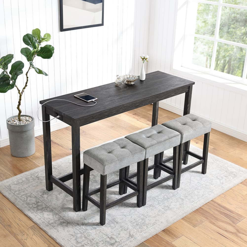 4 Piece Bar Table Set w/ Power Outlet, Bar Table & 3 Padded Stools For Kitchen