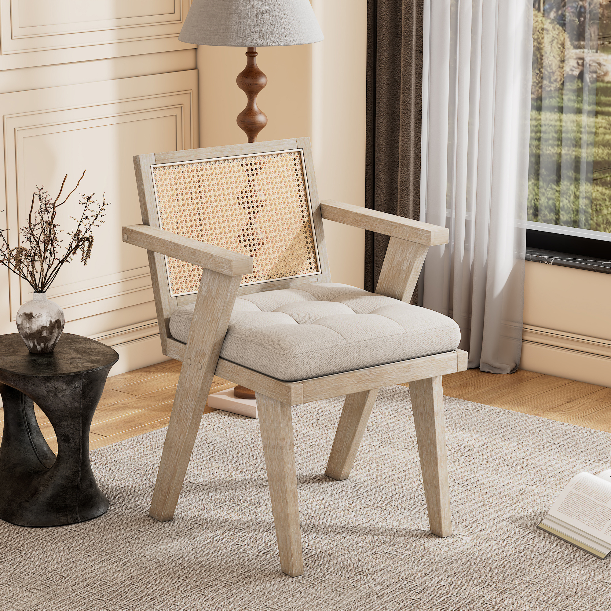 Accent Chair Armchair with Cushion Modern Style Linen Fabric Chair w/Rattan Back