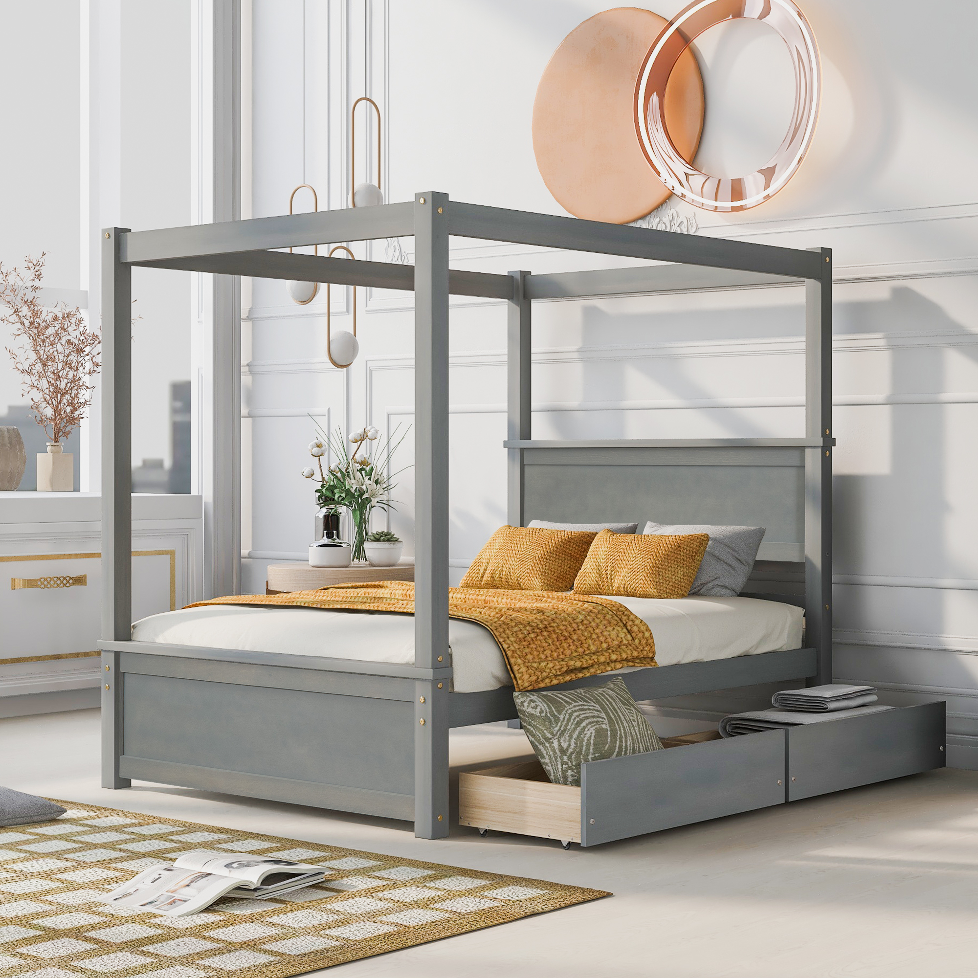 Wooden Canopy Bed Frame Platform with 4 Drawers Headboard No Box Spring USA