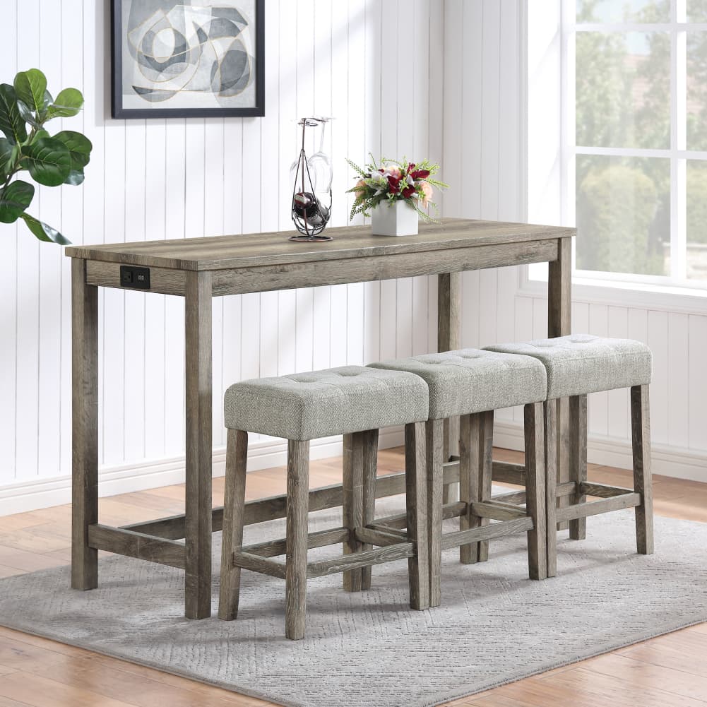 4 Piece Bar Table Set w/ Power Outlet, Bar Table & 3 Padded Stools For Kitchen