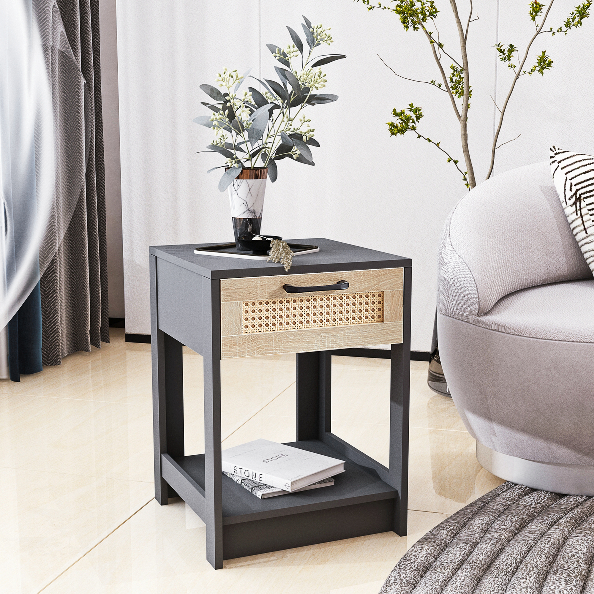 Rattan Nightstand with Drawer Bedside Table End Table for Living Room Bedroom US