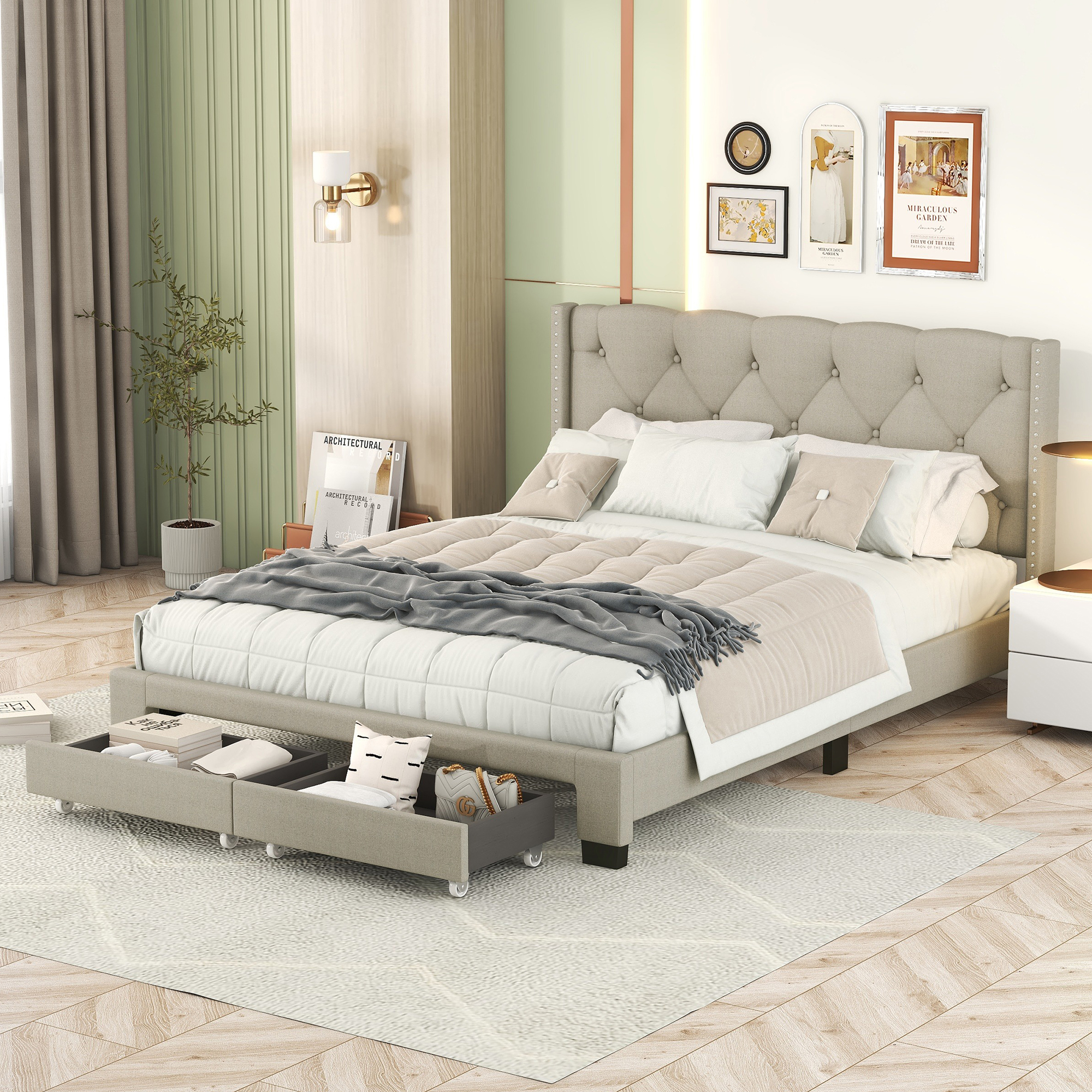 Queen Size Bed Frame Linen Upholstered Platform Bed w/ 2 Storage Drawers 4 Color