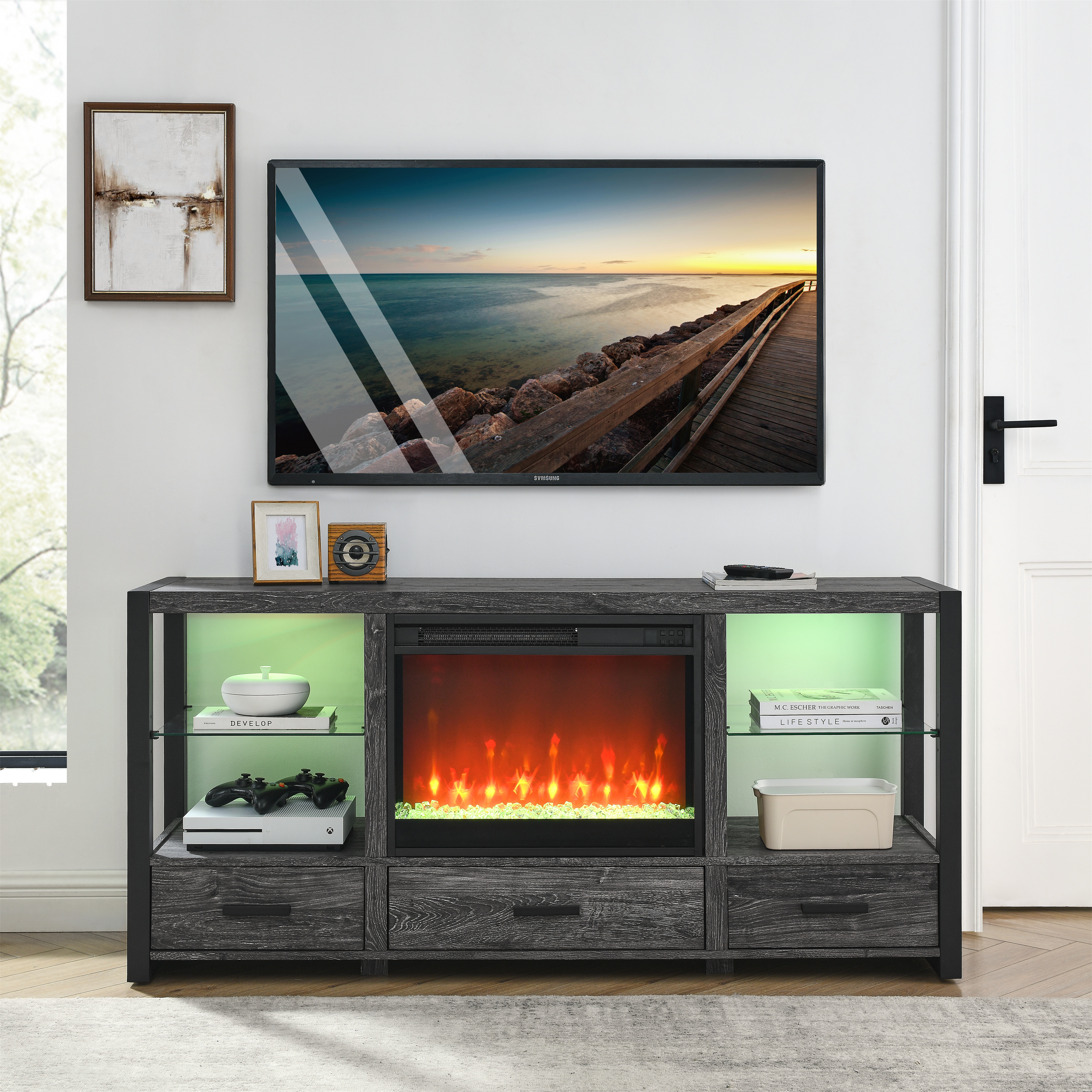 60" Electric Fireplace Media TV Stand Storage Cabinet with LED Light and Drawers