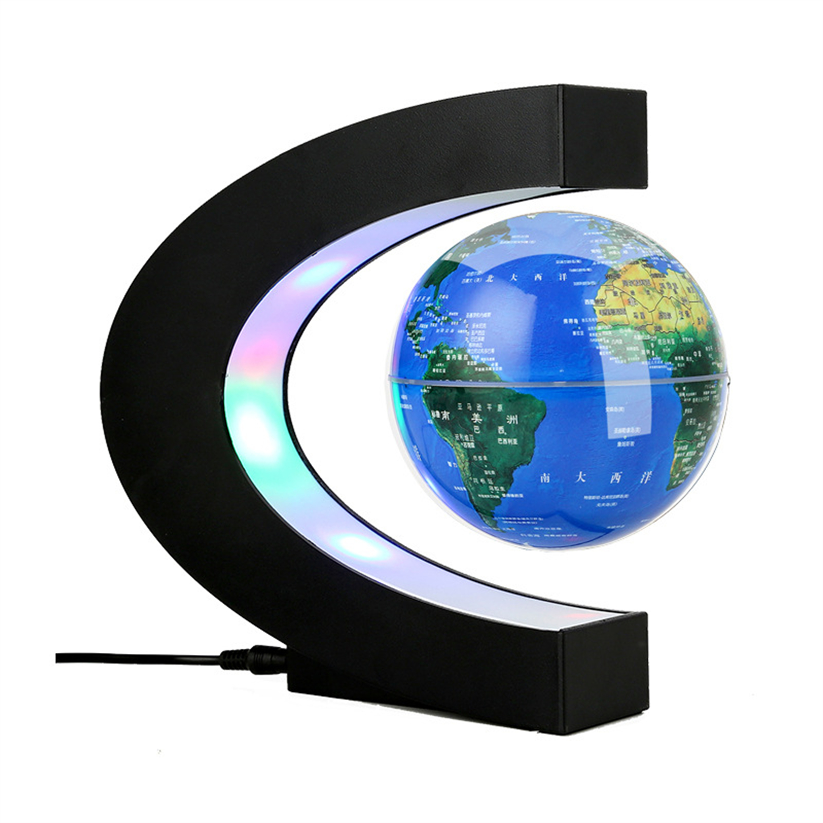 磁気浮上地球儀 C 形状ベースのカラフルな Led 世界地図ホーム オフィスの装飾 (17.5 x 17.3 x 4.5cm)