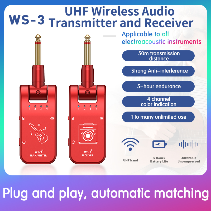 4 チャンネル ワイヤレス ギター システム トランスミッター レシーバー Ws-3 電気音響楽器 ユニバーサル Uhf トランシーバー
