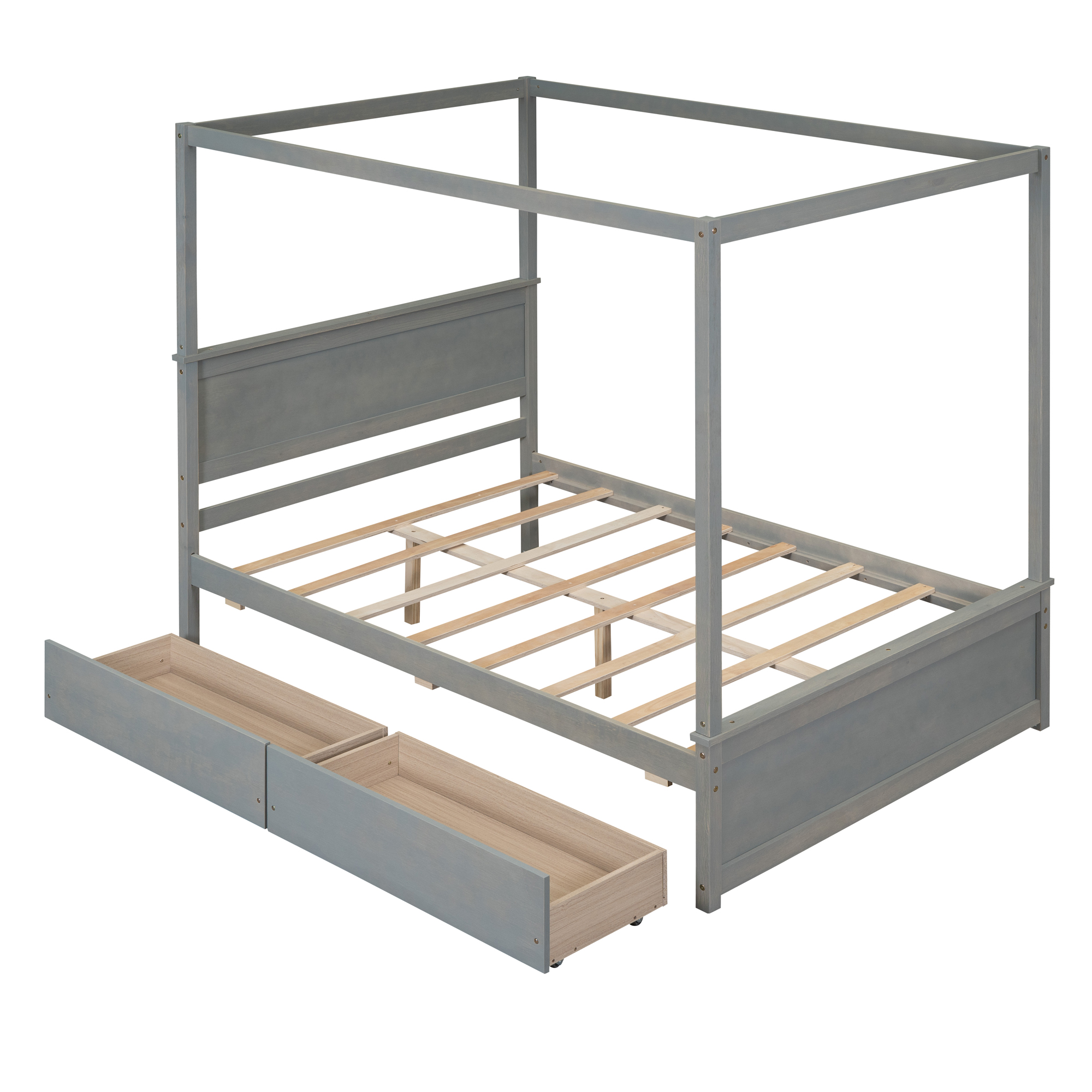 Wood Canopy Bed Frame Full Size with 2 Drawers No Box Spring Heavy Duty Platform