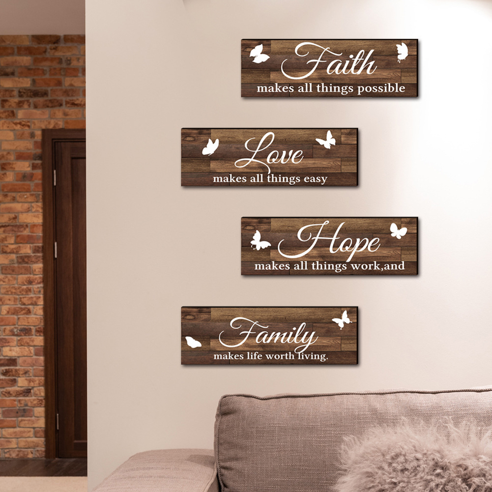 4 Pieces Farmhouse Wooden Sign Family Love Faith Hope Butterfly Rustic Plaque Wall Art Decor For Front Porch Door Decoration
