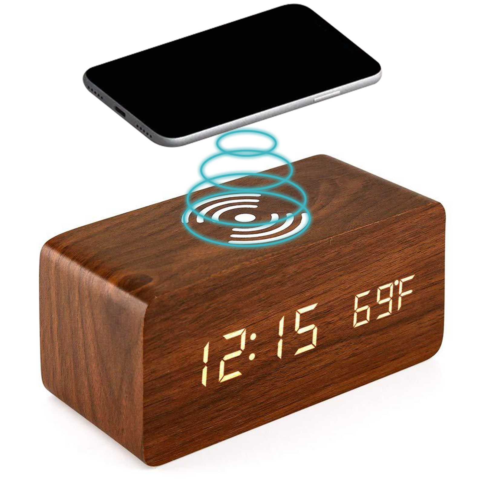 Digital Alarm Clock Wooden Table Desk Bedside LED Clock With Wireless Charger