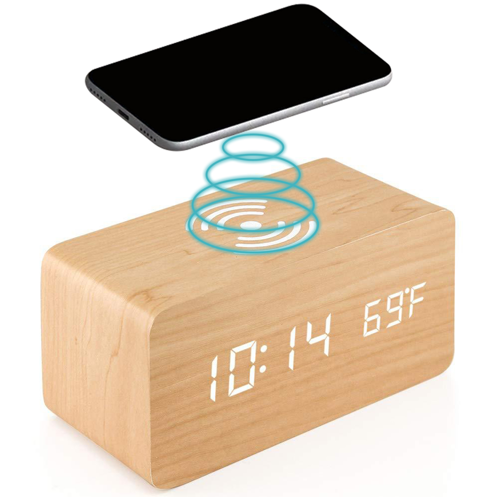 Digital Alarm Clock Wooden Table Desk Bedside LED Clock With Wireless Charger
