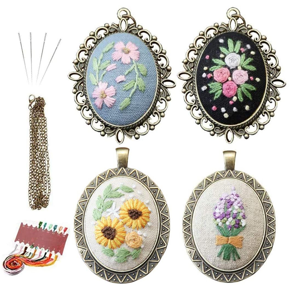 Description Picture 2 of itemEmbroidery Pendant Kit Flower Patterns Embroidered Pendant Necklace With Needle Thread For Diy Art Crafts Sweater Decoration
